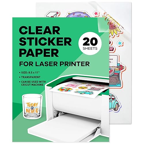 Clear Sticker Paper for Laser Printer - (20 Sheets), 8.5 x 11" Letter Size, Glossy Vinyl Sticker Paper - Perfect for Crafting and Vibrant Designs