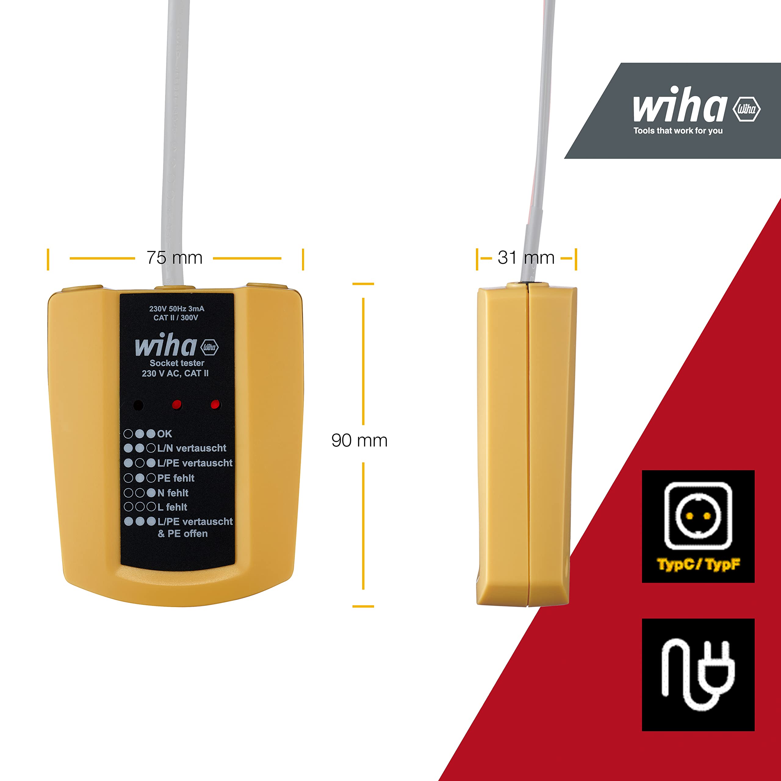 Wiha Tester per prese 230 V AC, CAT II con 2 batterie AAA I con cavo flessibile, indicatore LED (45220)