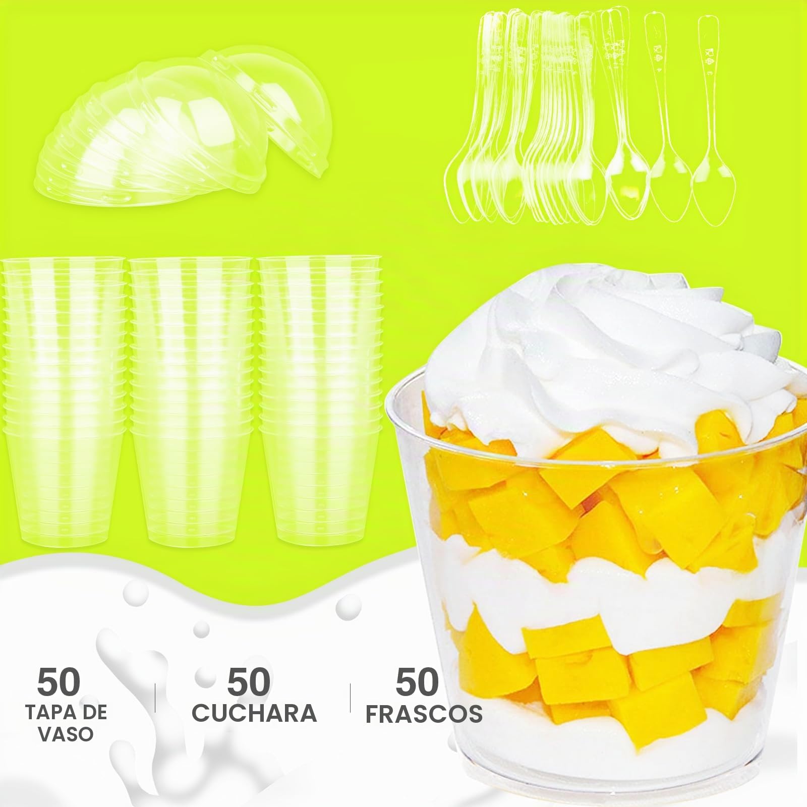 Vasos de Plástico para Postres 180ml, 50 Vasitos con Tapa y Cucharas, Recipientes Reutilizables para Fiestas