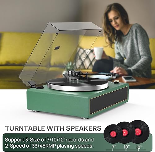 Miniatura 5 de Tocadiscos con altavoces integrados, reproductor de discos de vinilo compatible con reproducción Bluetooth, parada automática de 33 y 45 rpm, salida