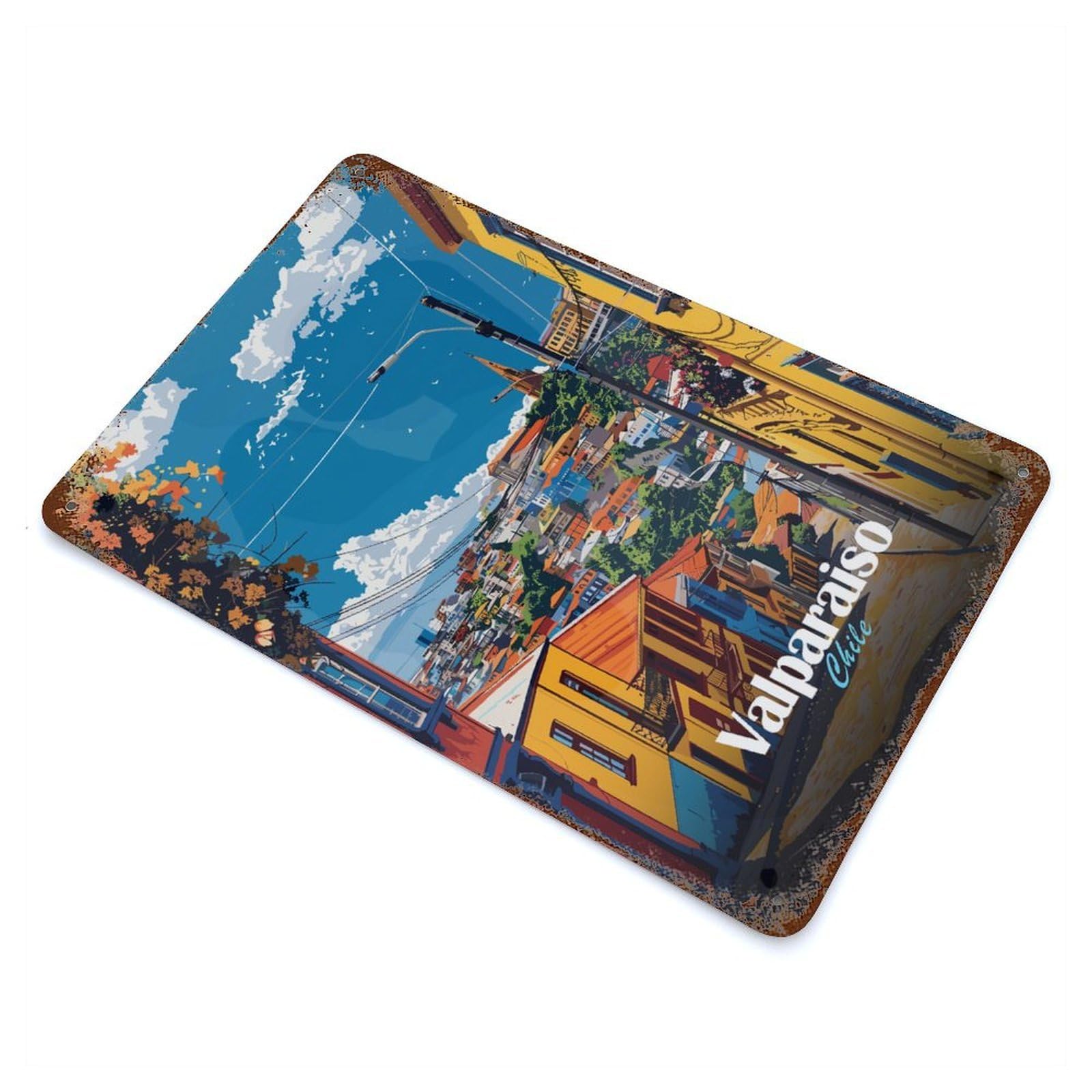 Rust Effect Valparaiso Cityscape Retro Metal Sign 11.8"x7.9", Classic Wall Plaque for Cafe, Home Bar And Lounge Decor
