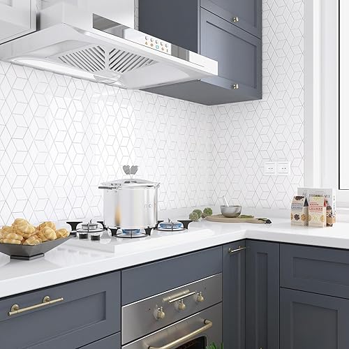 Miniatura 7 de Livelynine 16 azulejos geométricos para despegar y pegar en muro para cocina, color blanco, azulejos de pared de baño, impermeables, para paredes de