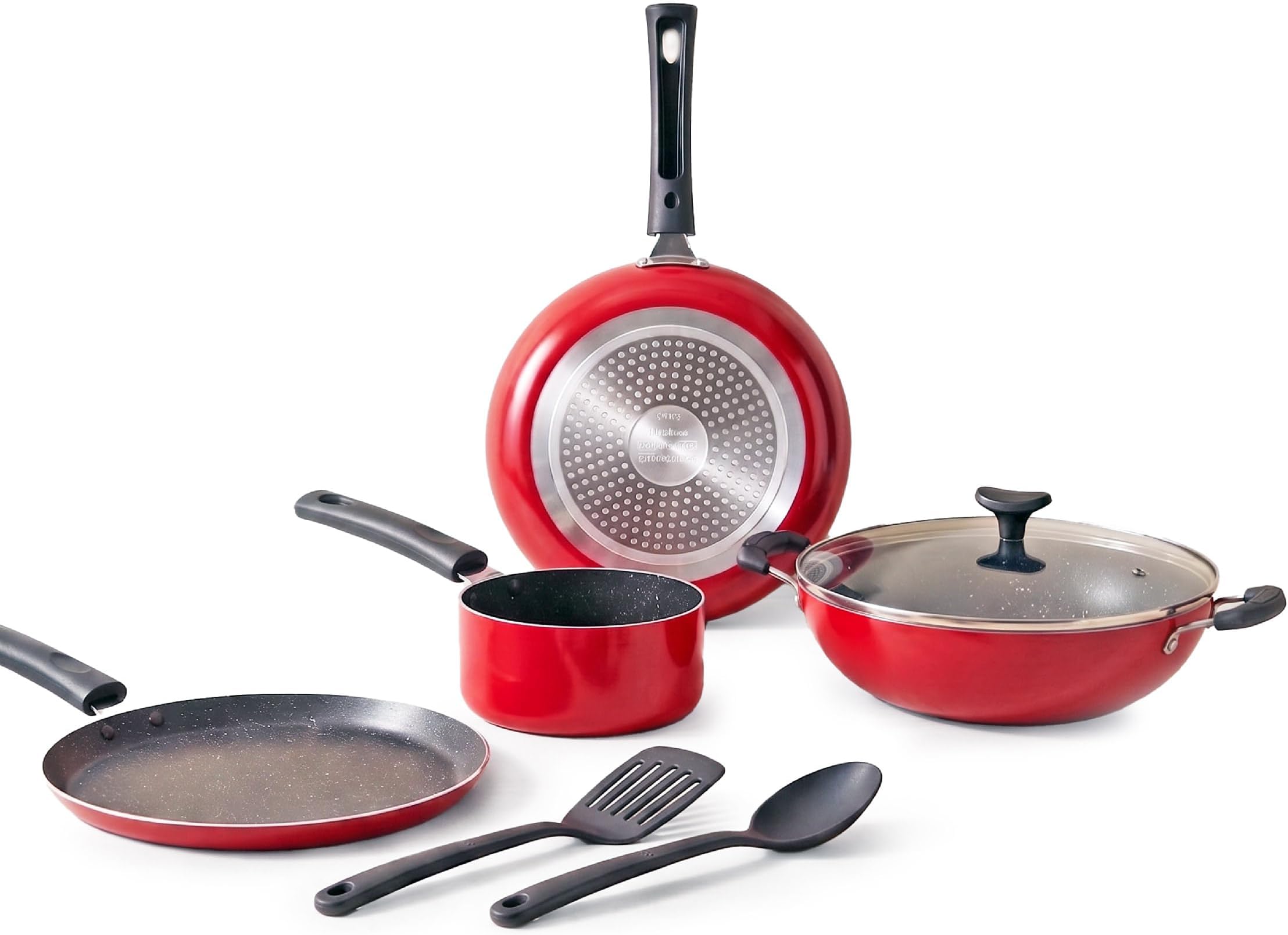 Crystal Classic Series 7-pc Non-Stick Induction Bottom Cookware Set, PFOA Free, Tawa, Fry-Pan, Kadhai with Glass Lid, Sauce Pan with 2 Serving Spoons, Red