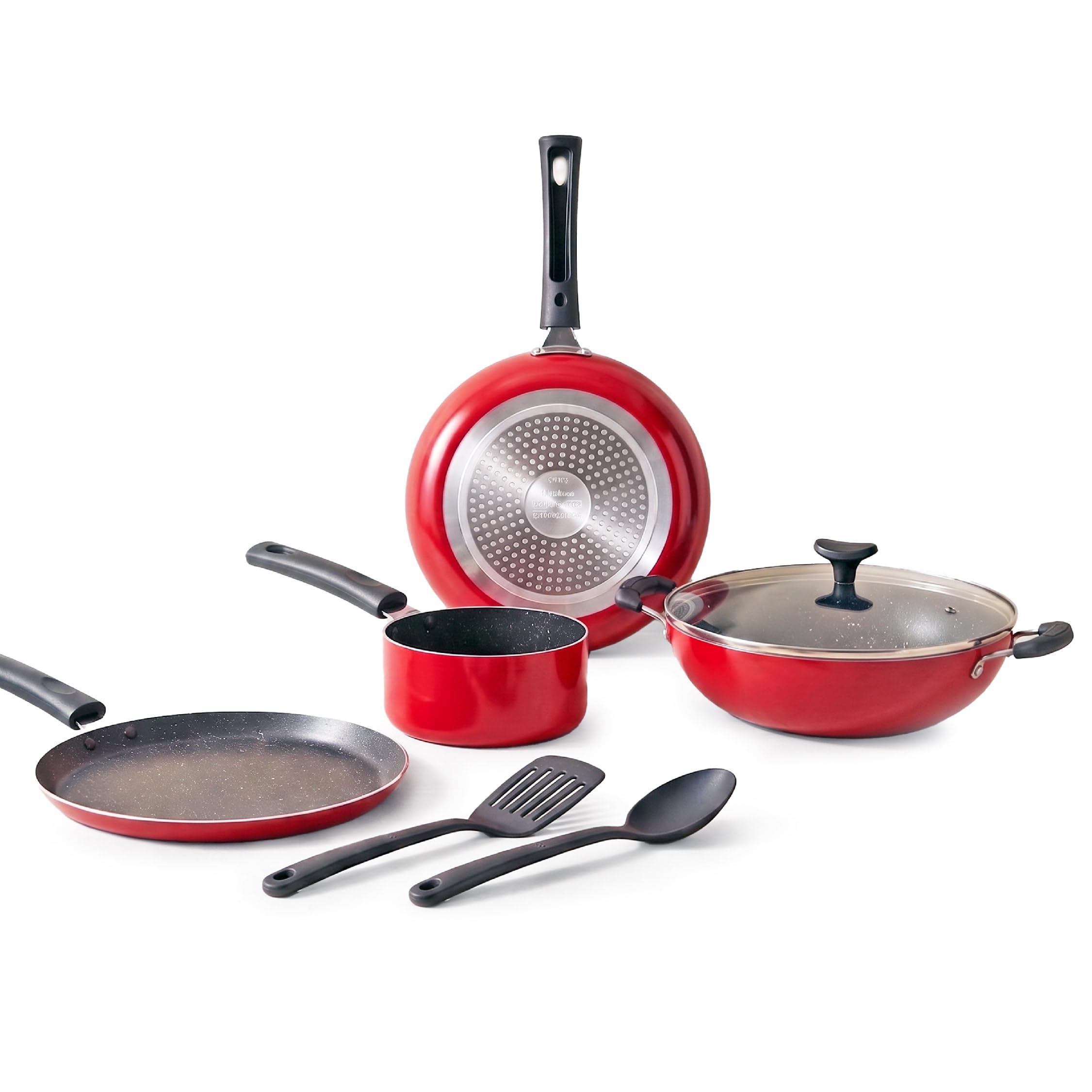 Crystal Classic Series 7-pc Non-Stick Induction Bottom Cookware Set, PFOA Free, Tawa, Fry-Pan, Kadhai with Glass Lid, Sauce Pan with 2 Serving Spoons, Red,Aluminium, 7-image-44