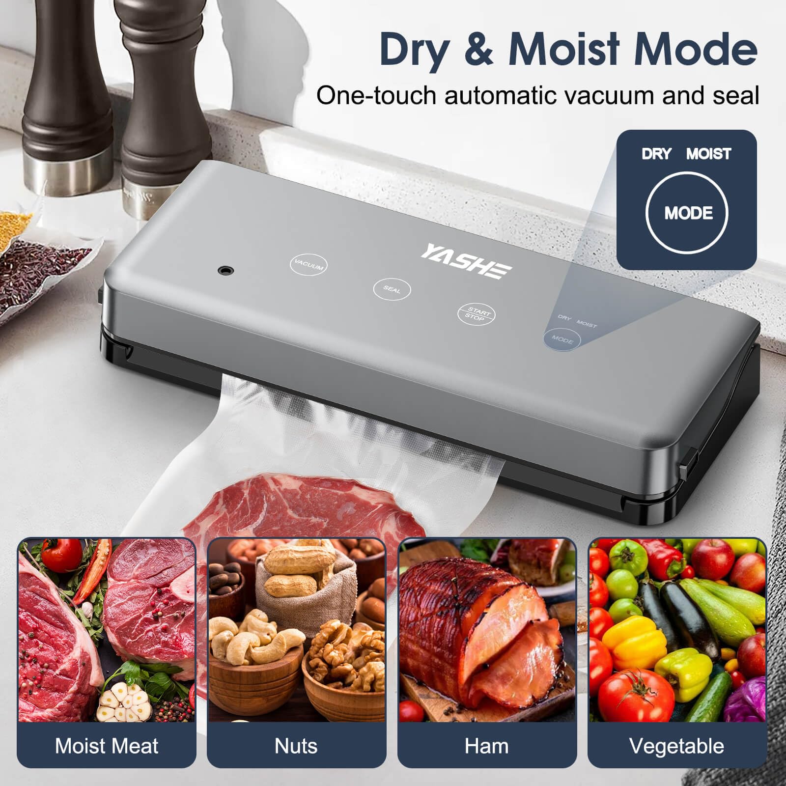 YASHE 5-in-1-Vakuumiermaschine mit Trocken- und Feucht-Modi, Multifunktions-Vakuumiermaschine für Sous-Vide-Kochen, 30 cm Naht zum Konservieren von Fleisch, Fisch, Obst und Gemüse