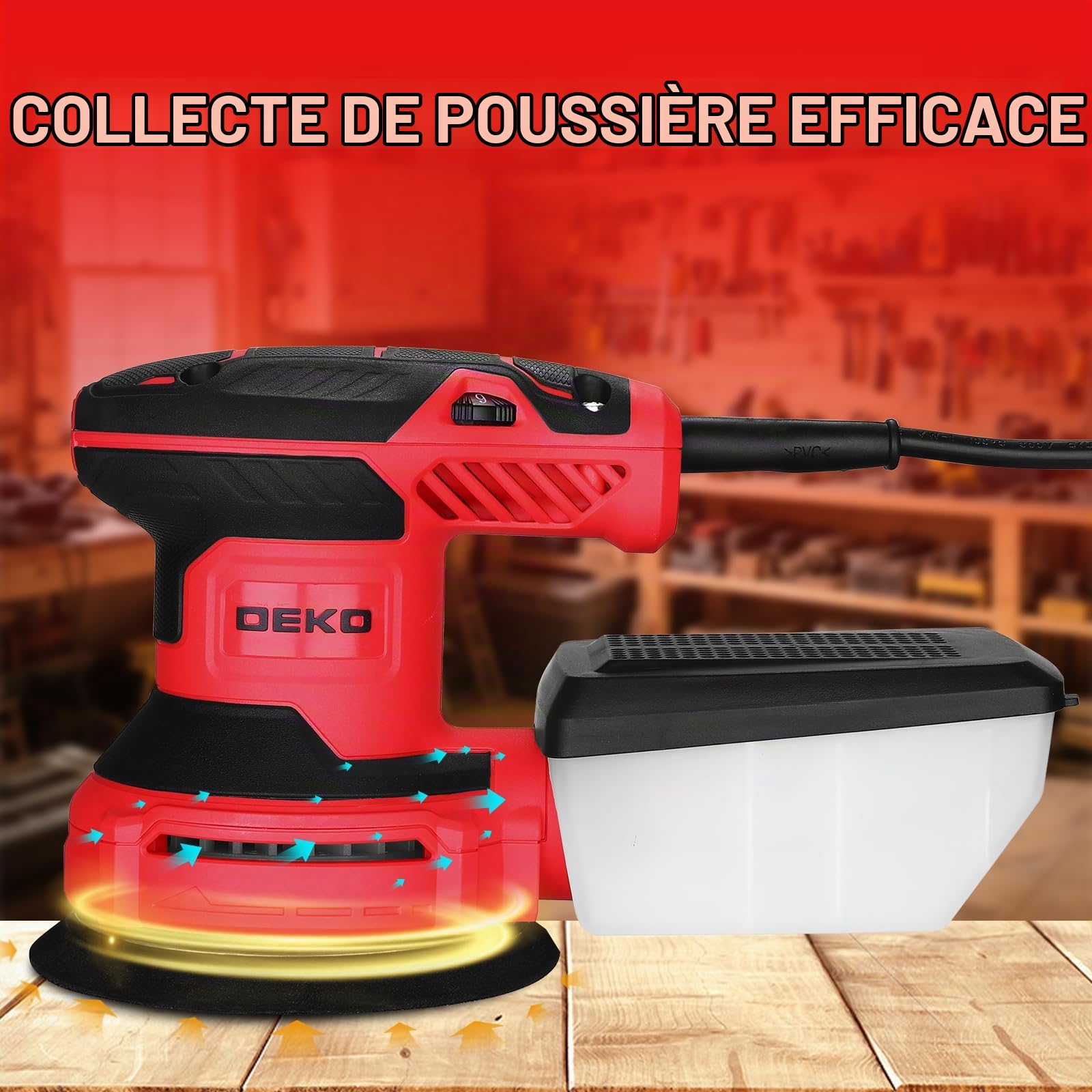 DEKOPRO Ponceuse Excentrique 300W - Ponceuse Electrique 125mm, 6 Vitesses, 14000RPM, Papier Abrasif 16 Pièces, Collecteur de Poussière, Trois Pinceau Plats, pour Surfaces en Bois et Acier, Rouge