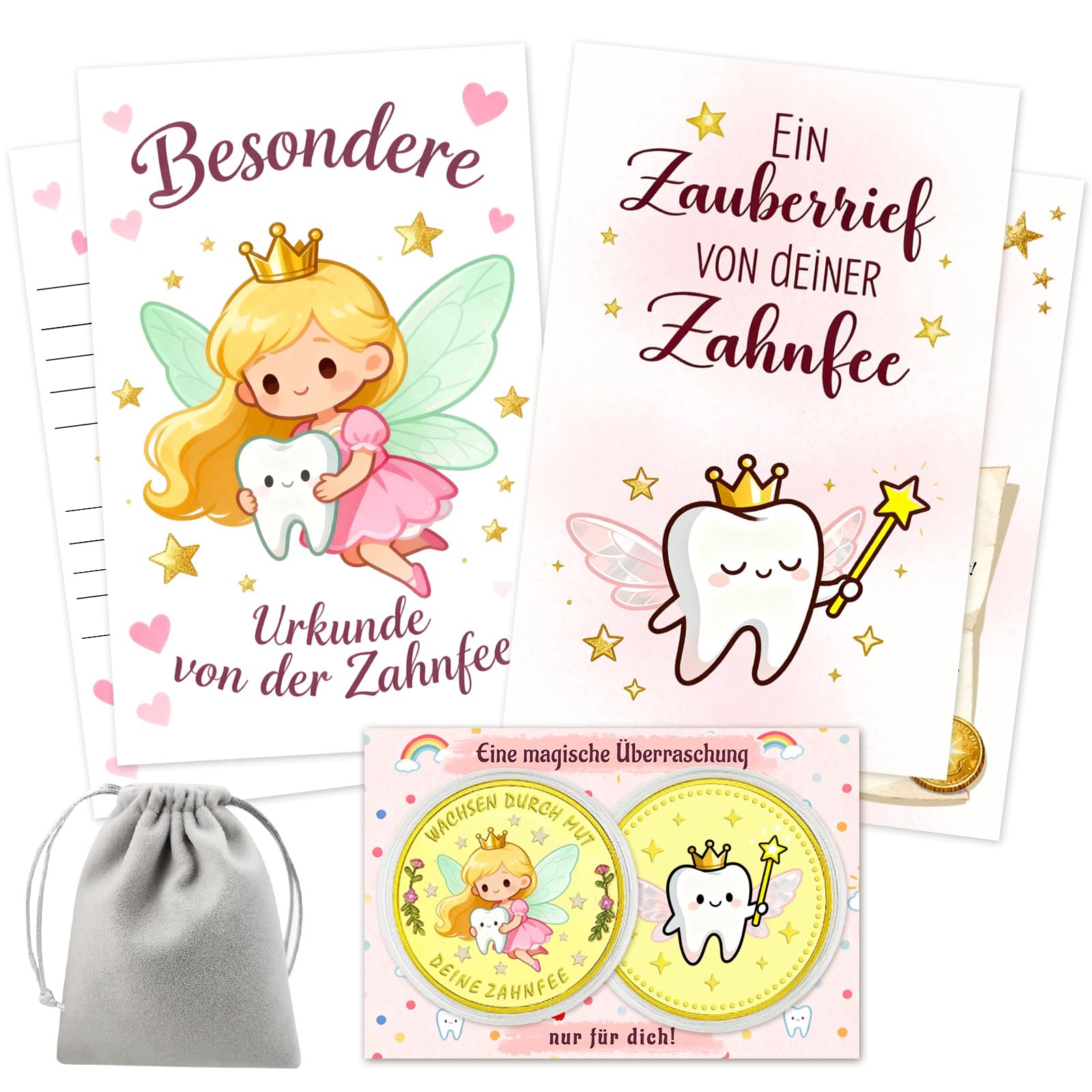 songyea Zahnfee Geschenk Kinder Set, 2 bunte Zahnfee-Münzen mit 2 Zahnfee-Briefen, 2 Zahnzertifikaten & 2 Karten, Erinnerungsgeschenk zum Zahnverlust, inkl. 6 Karten & 1 Aufbewahrungsbeutel