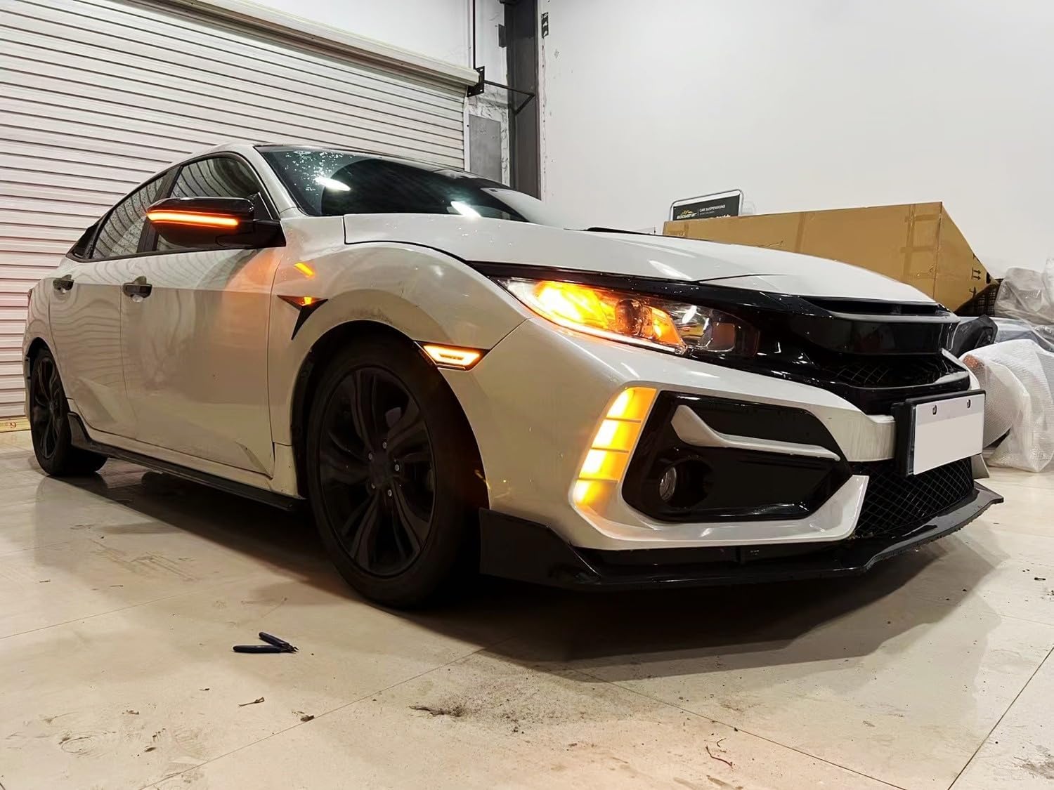 iJDMTOY JDM GT-Stype Dark Black-Out White Driving/Amber Sequential Blink Full LED Front Bumper Side Marker Lights Compatible With Honda 2016-2021 Civic, Replace OEM Amber Front Reflex