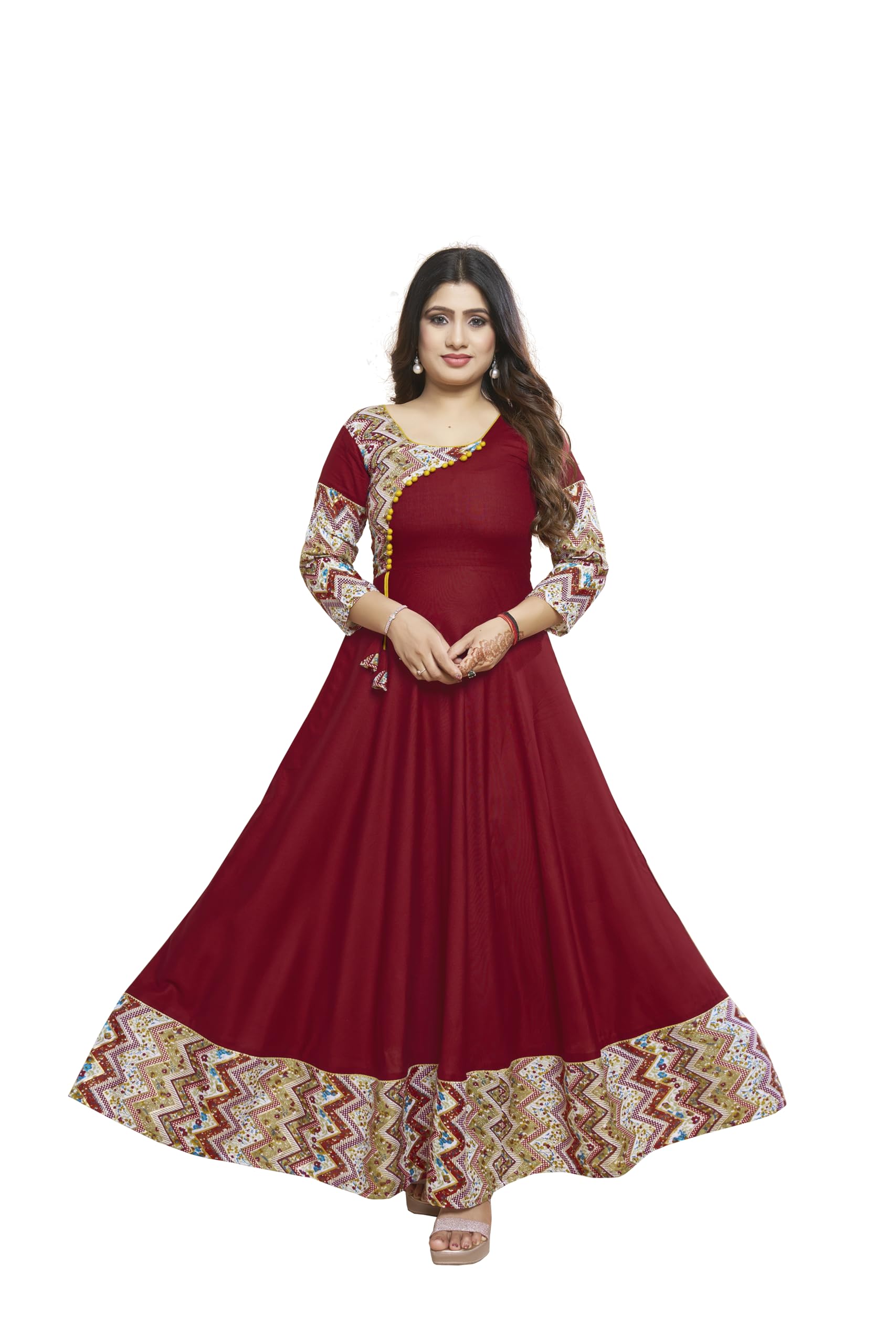 Patched Work Rayon Long Anarkali Maroon Colour Kurti-image-19
