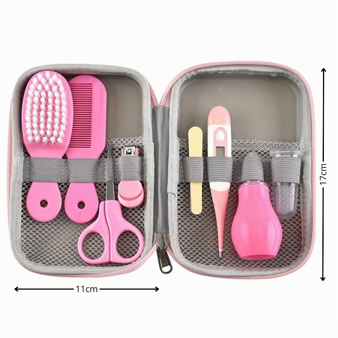 Kit de Cuidado e Higiene para Bebé | Estuche Portátil con Cepillo y Peine, Tijeras, Lima, Cortaúñas, Termómetro Digital, Aspirador Nasal y Protector de Chupete (Rosa)