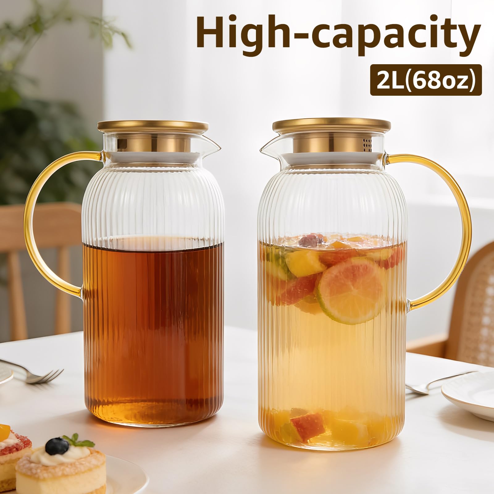 Confezione da 2 brocche in vetro con coperchio, 2 litri, classiche a righe verticali, con manico, caraffa per acqua in vetro, per caffè freddo, tè al sole, bevande resistenti al calore