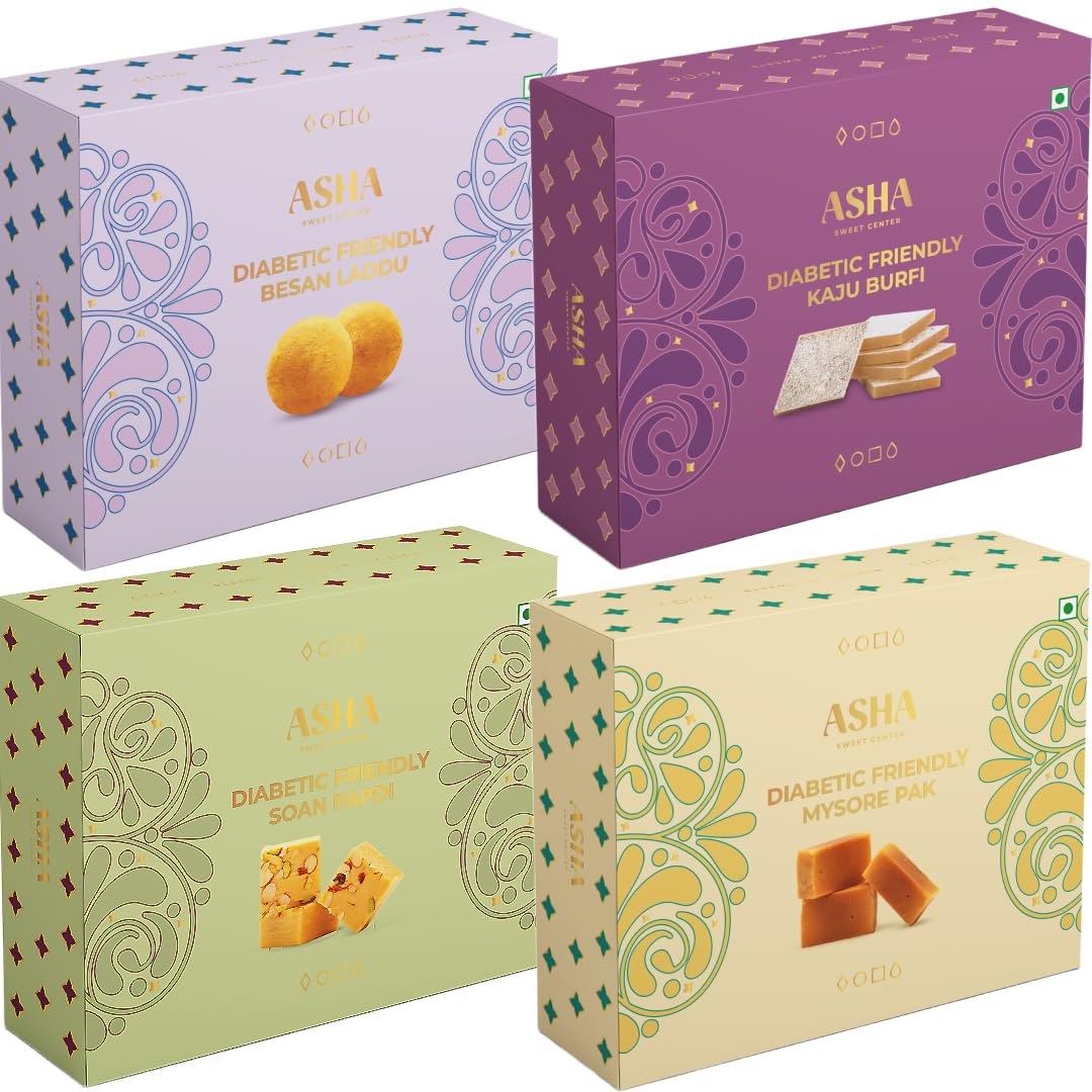 ASHA SWEET CENTER Premium Handcrafted Diabetic Friendly Mysore Pak,Kaju Katli,Besan Laddu & Soan Papdi|250G|Authentic Indian Dessert Made With Pure Ghee & Low GI Sugar|For Any Occasion & Celebration