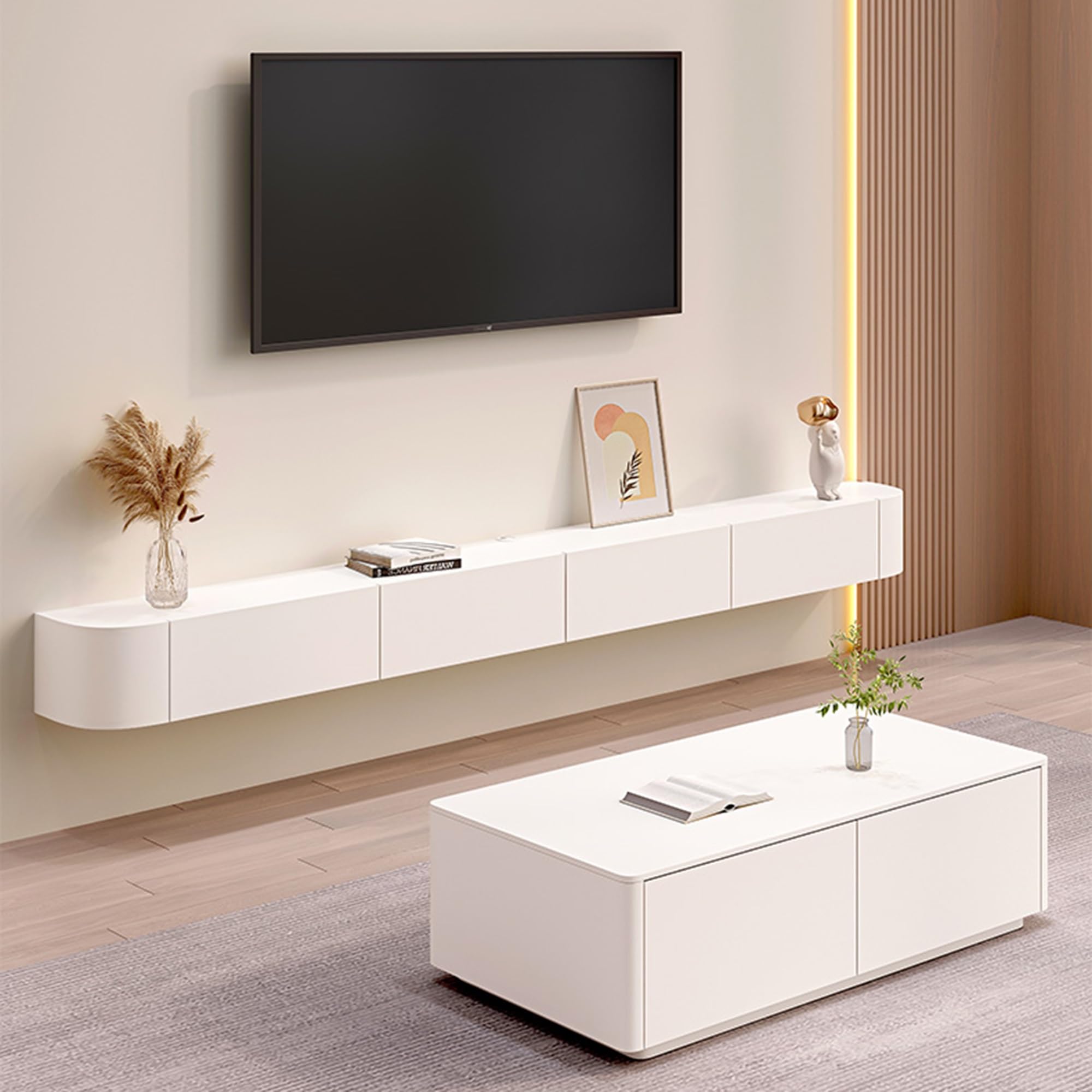Soporte De Pared Flotante para TV con Estante De Almacenamiento para Televisores Grandes, Centro De Entretenimiento Moderno, Blanco, 280 Cm