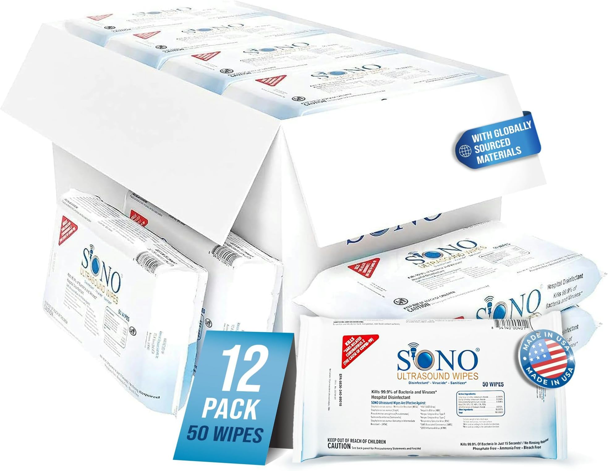 Multipurpose Ultrasound Disinfecting Wipes - Clinical Standard, Daily-Use and Maintenance Wipes, Compatibility Tested on Delicate Ultrasound Equipment - 12 Packs x 50ct (600 wipes)