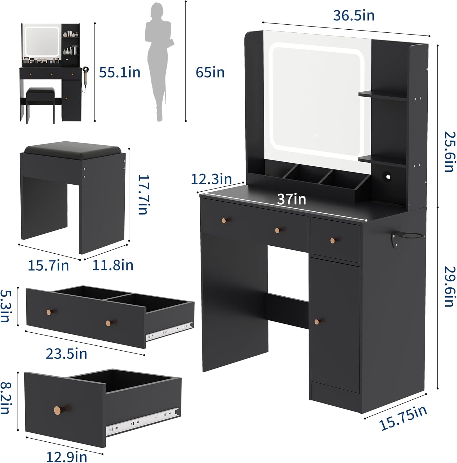 Vanity Desk with LED Lights Mirror & Power Outlet, Makeup Vanity Table Set with Storage Drawers Shelves Cabinet& Chair, 3 Lighting Modes & Adjustable Brightness, Dressing Table for Women Girls Bedroom