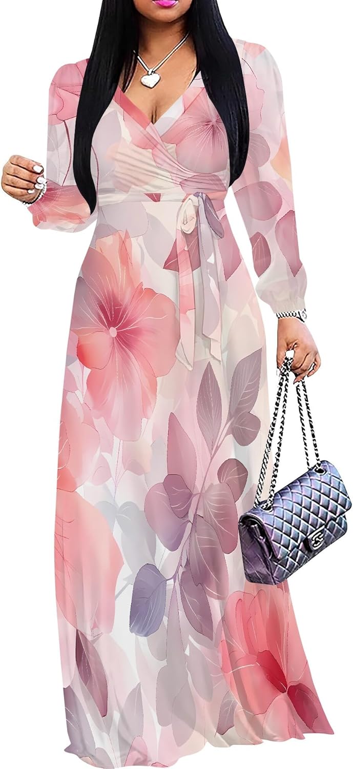 SUZONANA Plus Size Maxi Dresses for Curvy Women Floral Print Flowy Long Puff Sleeve with Belt