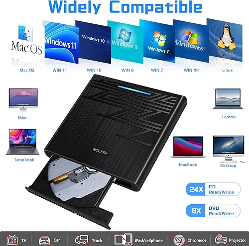 Miniatura 5 de NOLYTH Unidad de DVD externa para Mac, USB CD ROM Burner Unidad externa para portátil con ranura de audio SD TF de 0.138 in, unidad de disco óptico