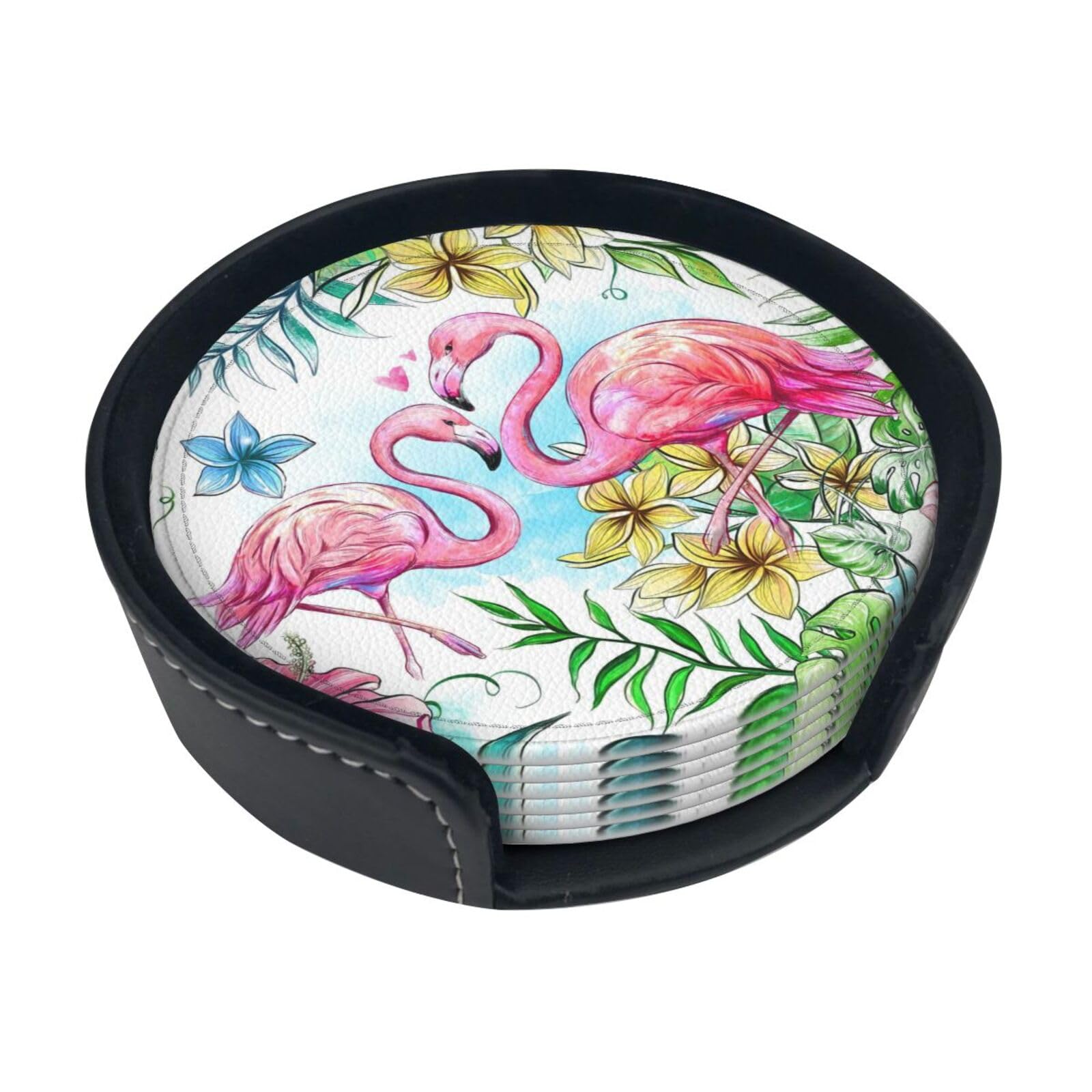 Flamingo Flowers Print Round Coasters Set Of 6,Coaster For Tabletop Protection Home Bar Decor