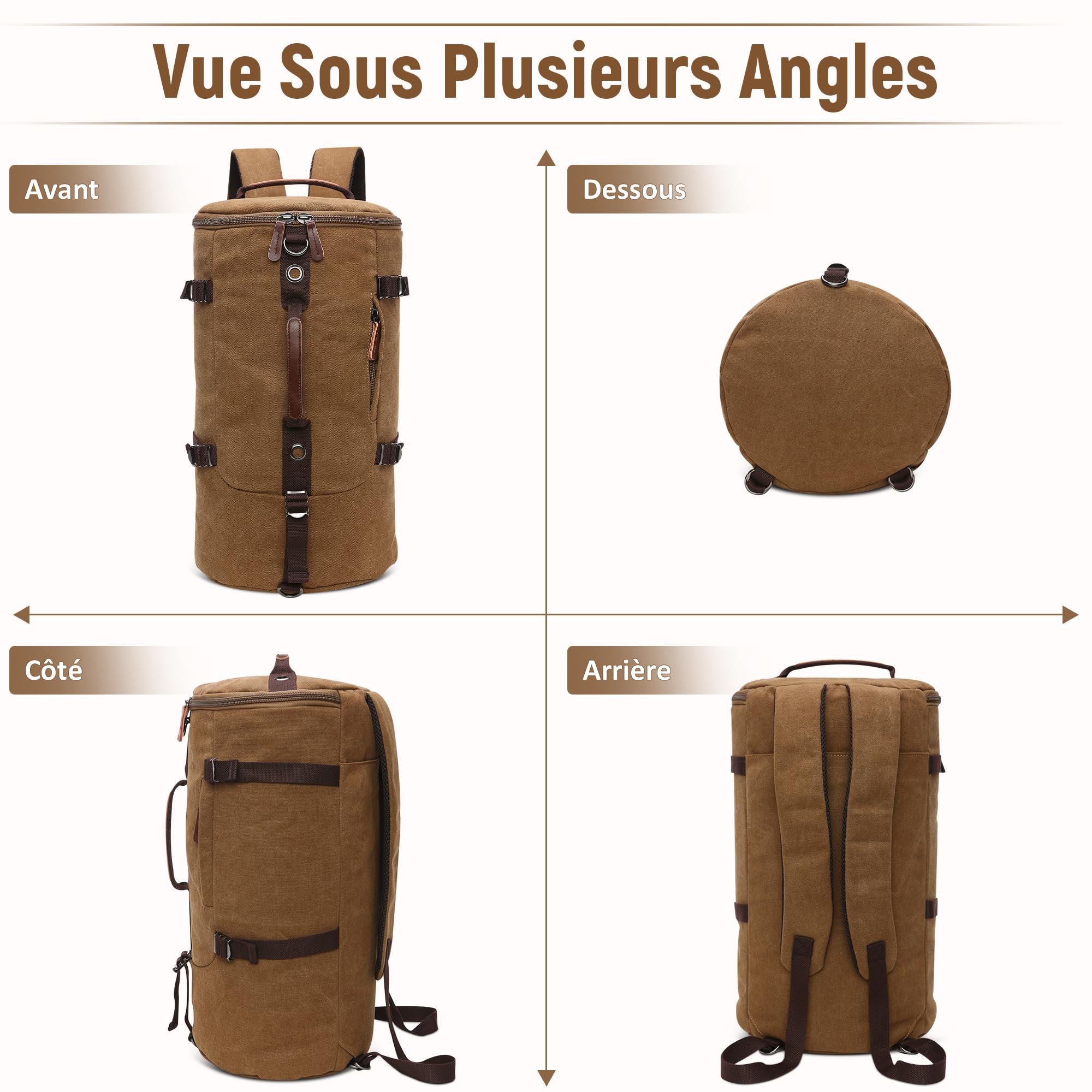Vintage Sac à Dos Homme Grande Capacité Convertible Sac de Voyage avec Compartiment Caché Sac Week-End pour Voyage Randonnée Loisir Quotidien Extérieur Toile Homme Backpack Brun