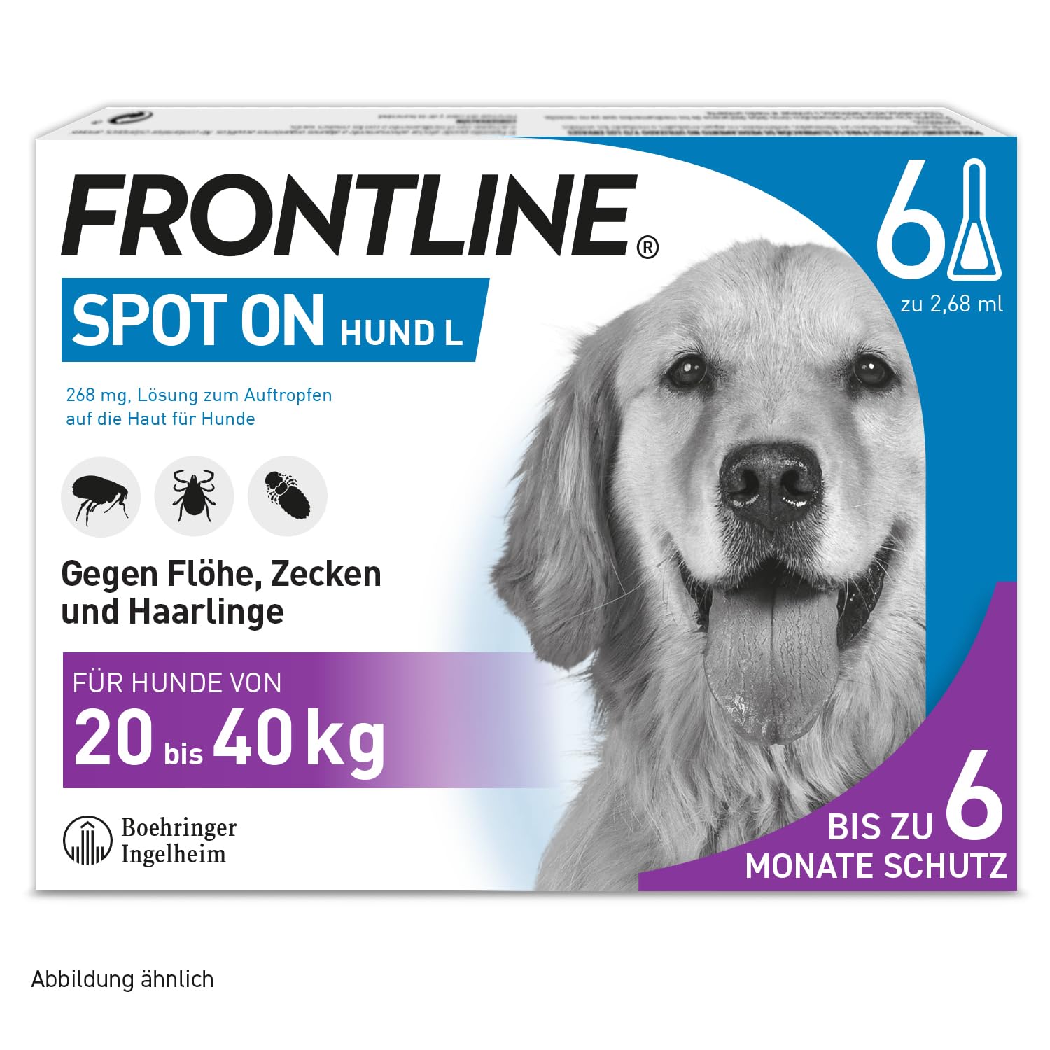FRONTLINE Spot ON Hund L gegen Zecken, Flöhe & Haarlinge (große Hunde 20 bis 40 kg) - 6X Pipetten für bis zu 6 Monate Schutz - wasserfest