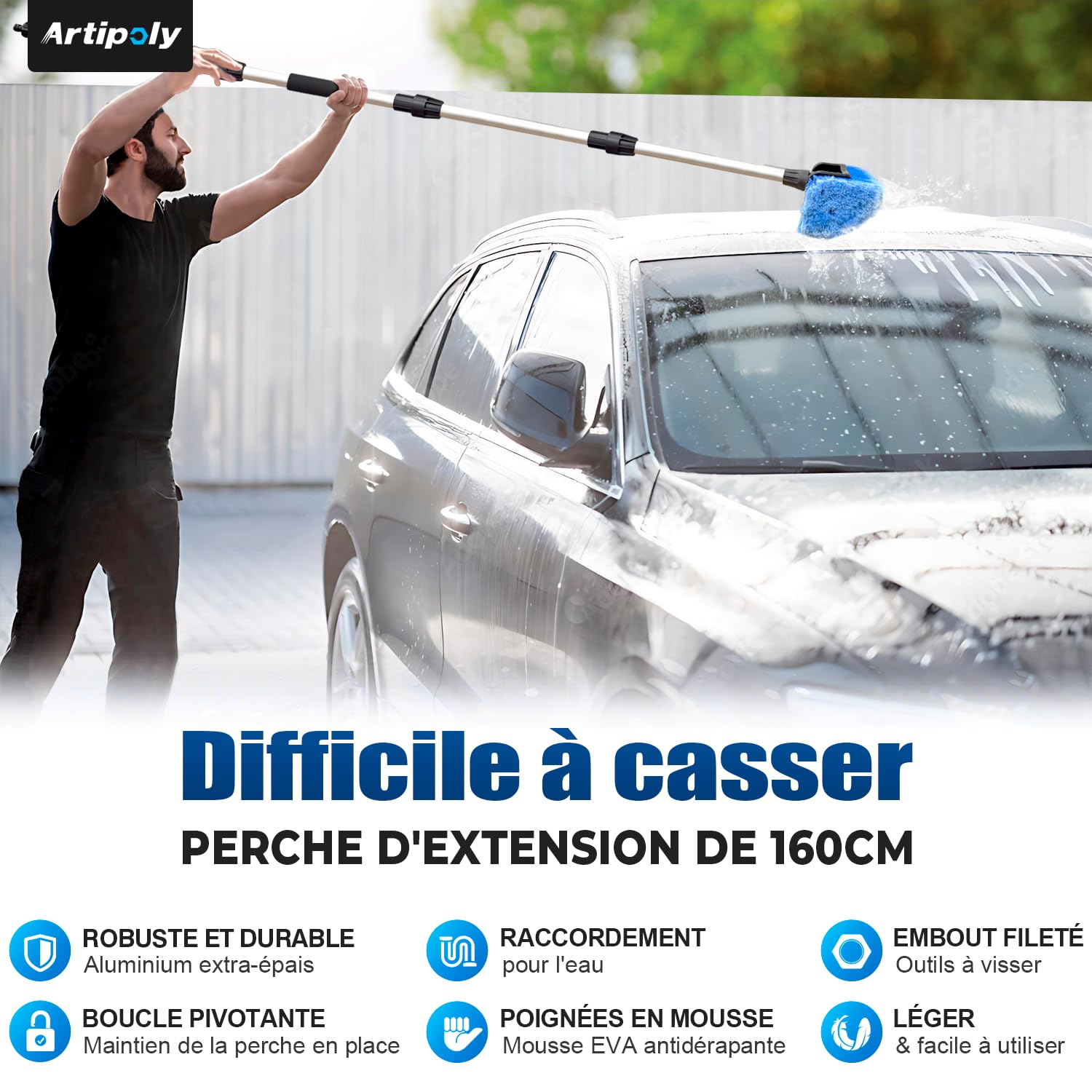 160cm Brosse de lavage auto long manche, raccord de tuyau interrupteur | 30cm poils souples, extensible manche, pour voiture, car, SUV, camion, bateau, façade maison, Bleu