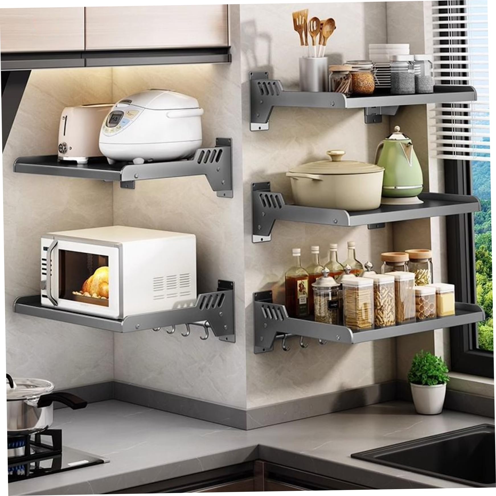 Montaje de pared de 14x20 pulgadas de microondas, estante de acero de carbono de carga de 110 libras con 6 ganchos para organizador de cocina, perforación/adhesivo instalar negro, soporte de pared