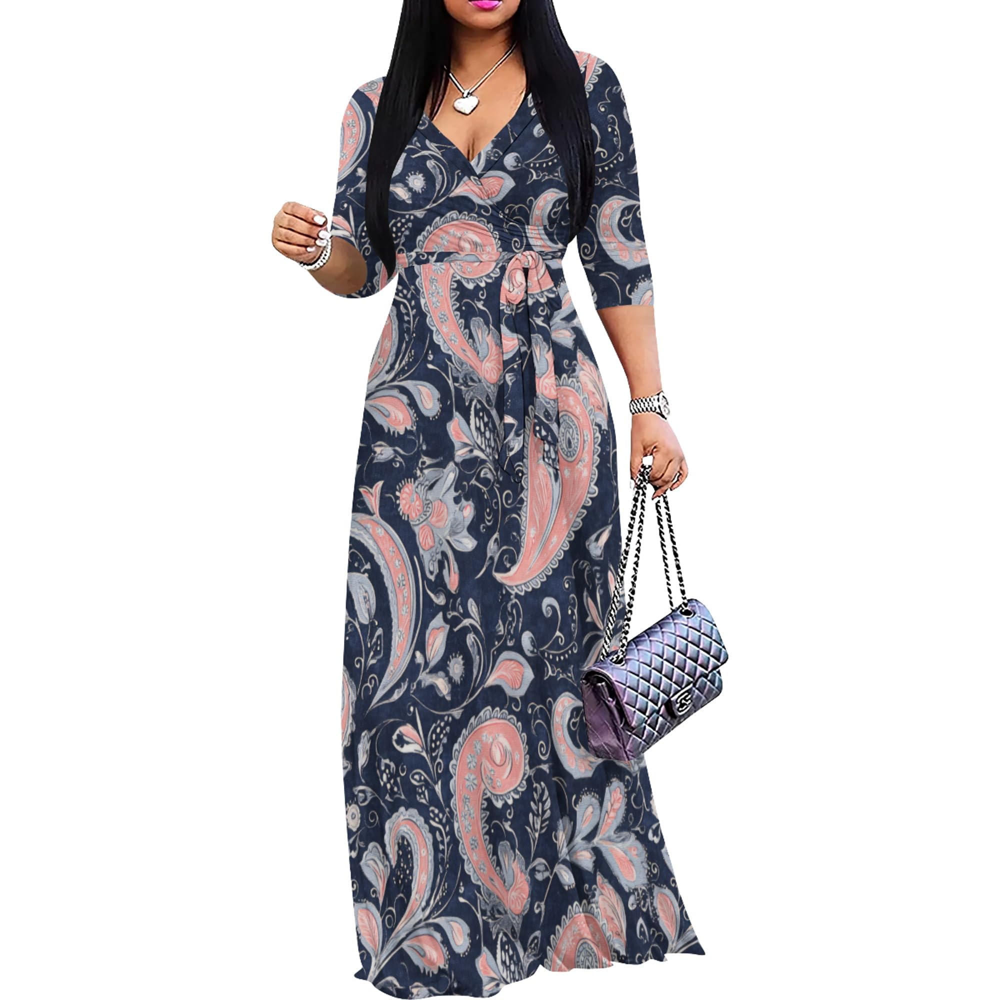 PinkPatty Women's Print Maxi Dresses 3/4 Sleeve Flowy Long Dress V Neck Wrap Tie Waist Sundress