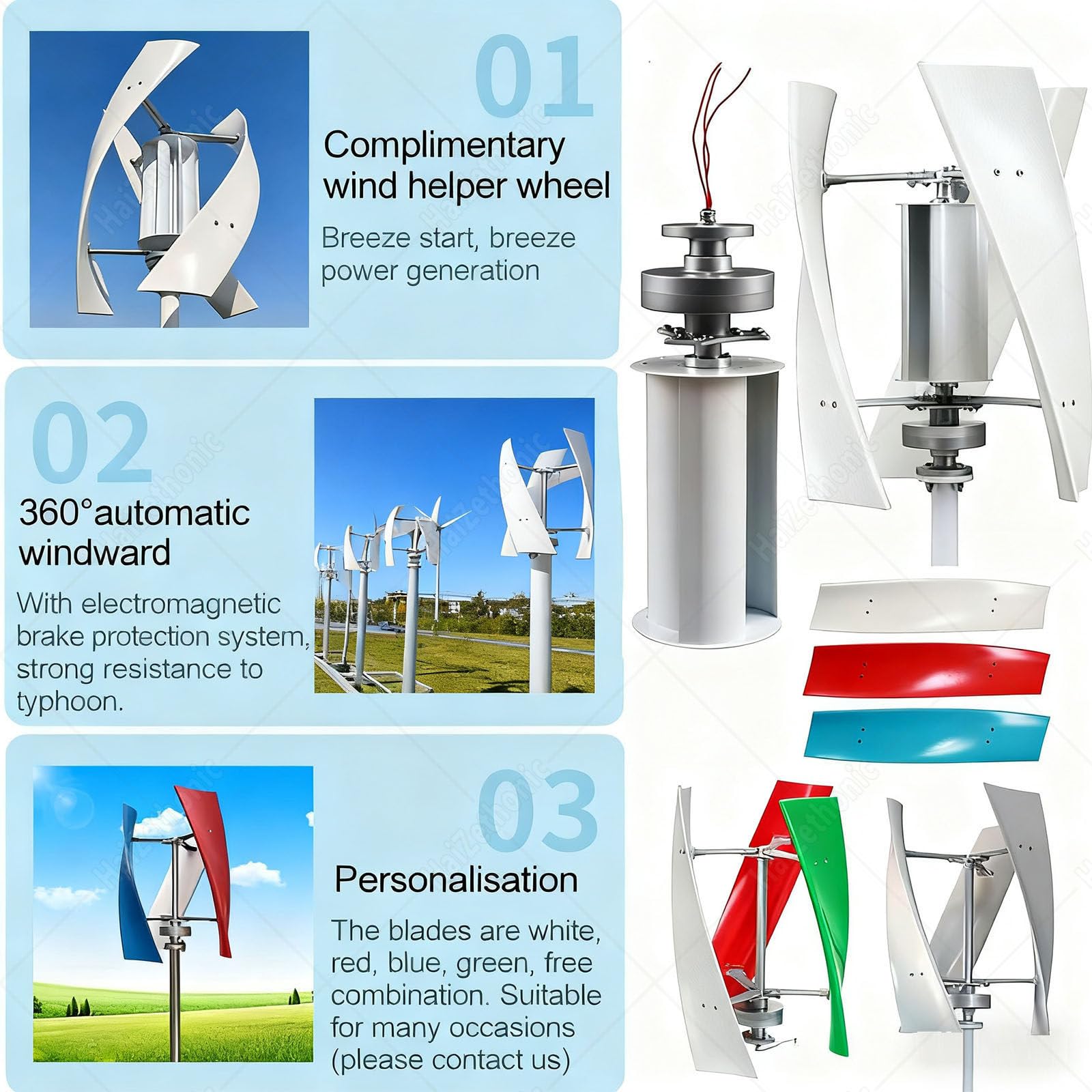 Kit Generatore di Turbina Eolica 6000w,Kit Generatore di Turbina Eolica Verticale Portatile,Kit Generatore Eolico a 3 Pale con Regolatore di Carica per Camper Marino Casa White-48V