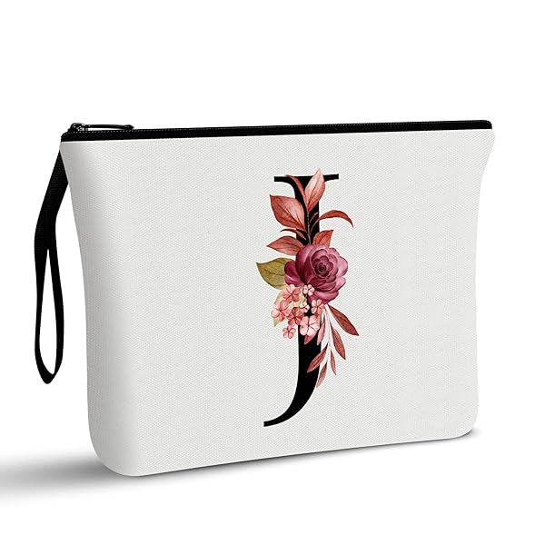 Vavabox A-Z Personalized Makeup Bag, Birthday Gifts for Women Mom, Gifts for Best Friend, Bride Bridesmaid Cosmetic bag (J, White)