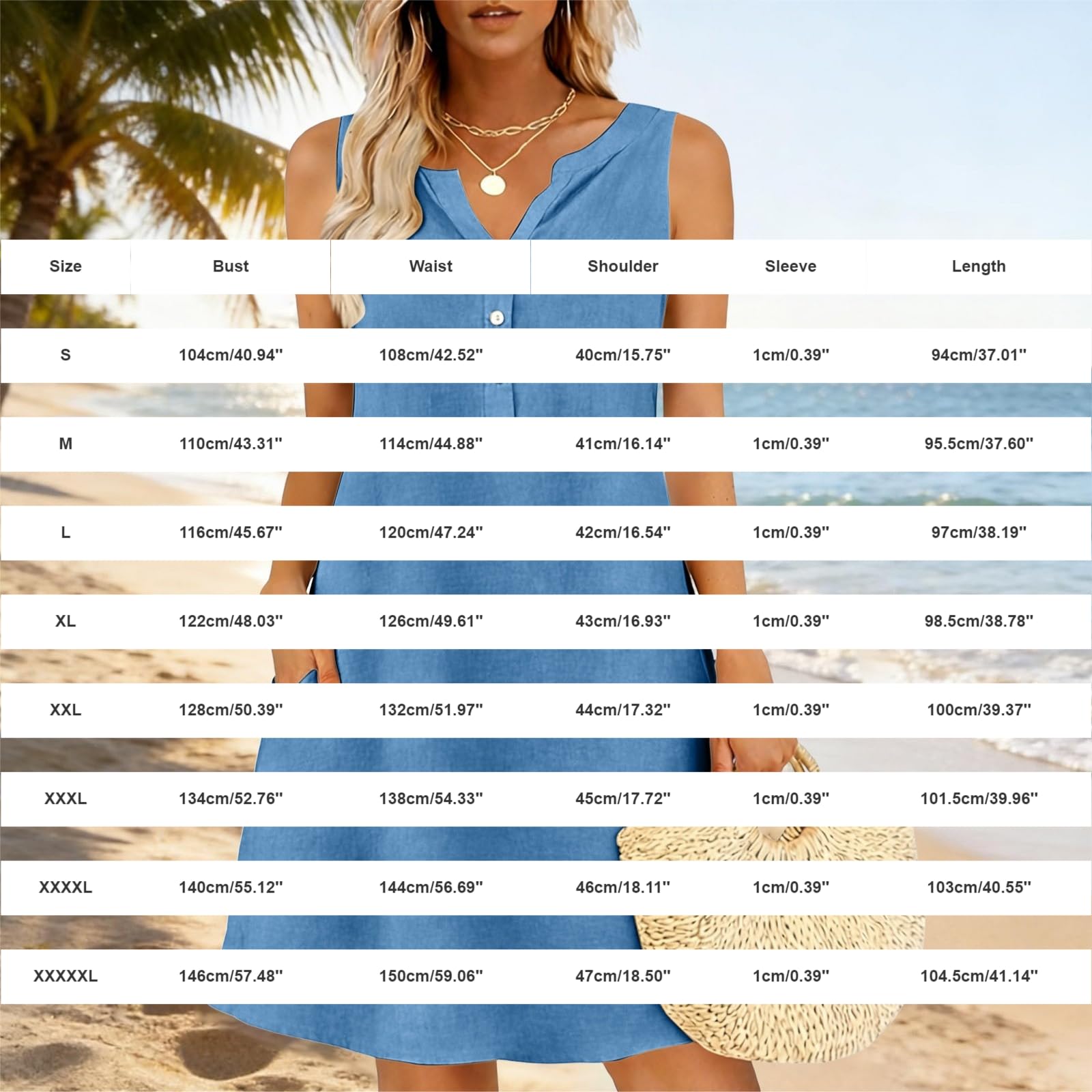 Mini abito da donna in lino e cotone, senza maniche, con scollo a V, per il tempo libero, con tasche laterali e bottoni decorativi, abito estivo per vacanze, spiaggia, lounge
