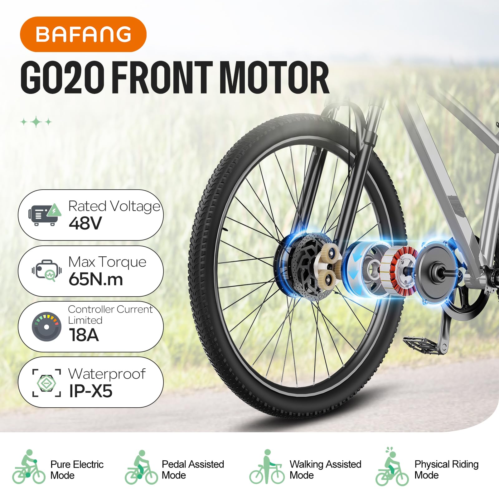 BAFANG Kit Conversion a Bicicleta Electrica G020 48V Motor Rueda Delantera con Batería Opcional y LCD Pantalla - Freno de Disco Versión para 20" 26" 29" 700C Bici de Montaña Carretera Cercanías