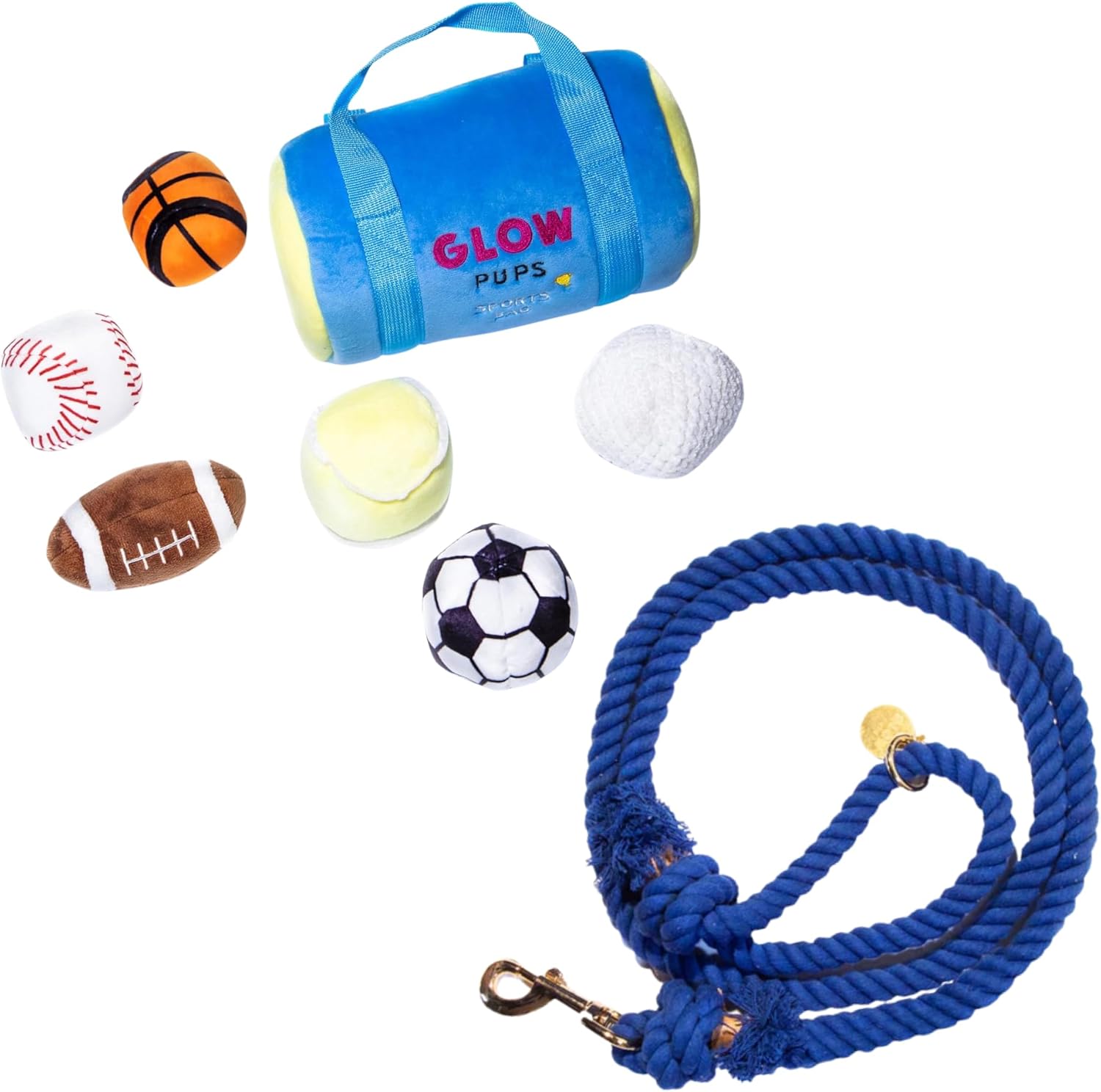Glow Pups Ultimate Play & Walk Set: Interactive Hide-and-Seek Sports Bag Toy with 6 Squeaky Plush Balls & Premium 5ft Handmade Caribbean Cotton Rope Dog Leash (Blue)
