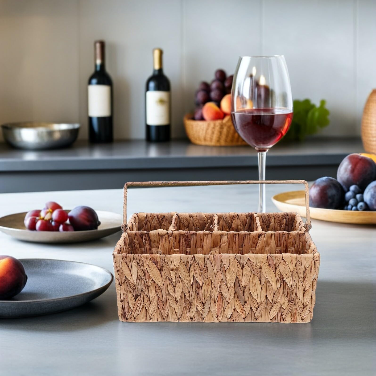DOITOOL Cestino Portaoggetti in Vimini Fatto Mano Cestino da Picnic Intrecciato Organizer per Posate con Scomparti Utensili e Condimenti