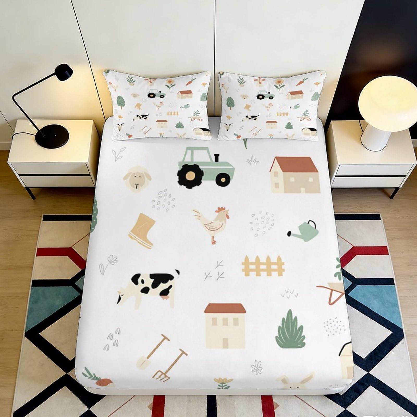 3D Printed Farm Tractor Fitted Sheet Microfiber Soft Breathable Animal Countryside Bed Cover for Bedroom Guest Room Decor 90x200x25cm