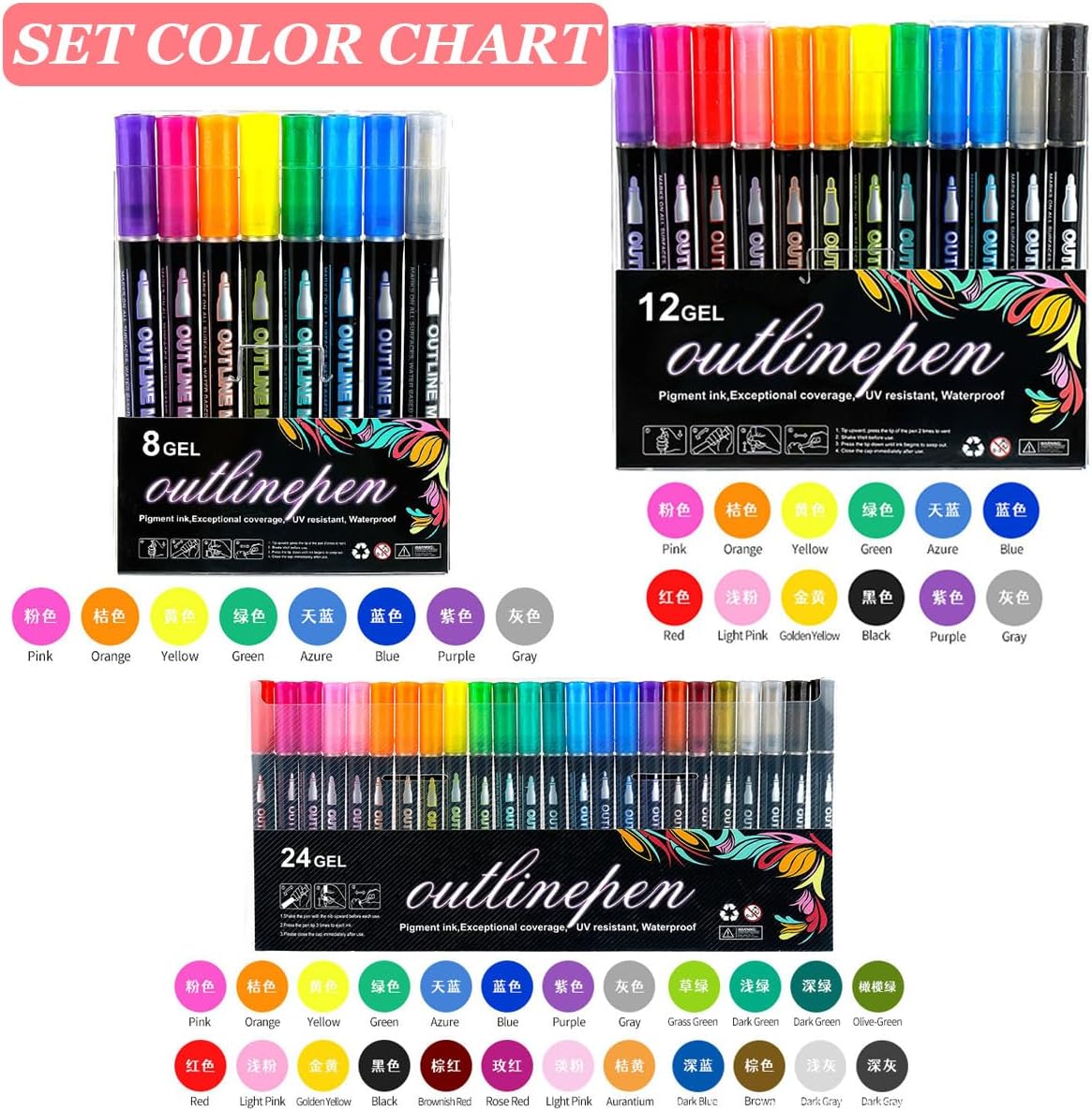 Coloring Lightstick Graffiti Pen, Coloring Lightstick Graffiti Highlighter Pens, 36-Color Outline Metallic Marker Pens, Outline Markers Self-Outline Metallic Markers for Drawing (48 Color)