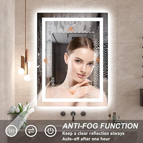 Miniatura 6 de Espejo LED de 24 x 32 pulgadas para baño con tiras LED dobles, espejos iluminados delanteros y retroiluminados para pared de baño, 3 colores y
