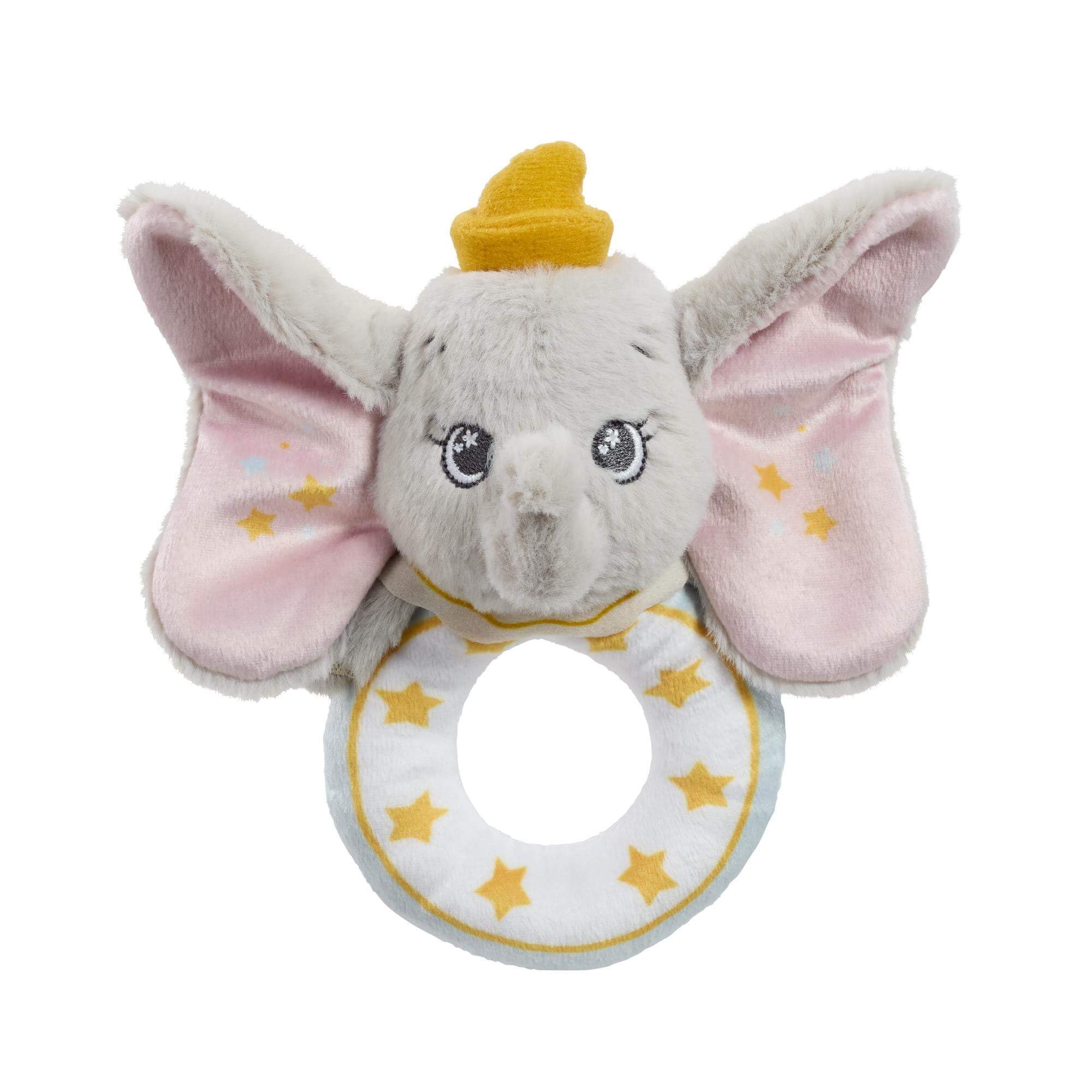 Rainbow Designs Disney Dumbo Ring Rattle – Soft Plush Baby Rattle for Newborns with Gentle Sound, Easy Grasp Handle & Baby Sensory Stimulation - Lightweight Cuddly Toy for Tiny Hands from Birth