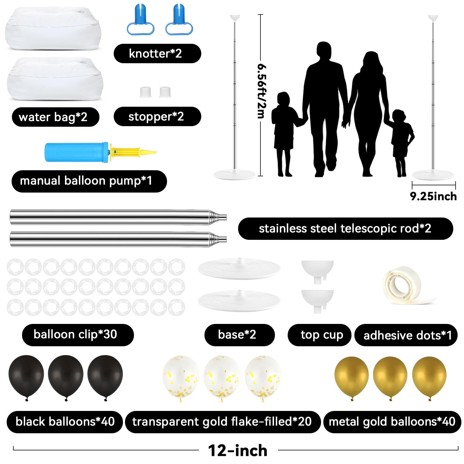 2 Sets Schwarz Gold Ballon Säulenständer Kit mit 102 Luftballons Verstellbarer Ballonturm Ständer mit Basis für Boden Gold Konfetti Ballons Säulen-Kit für Abschlussfeier Geburtstag Wertschätzung Party