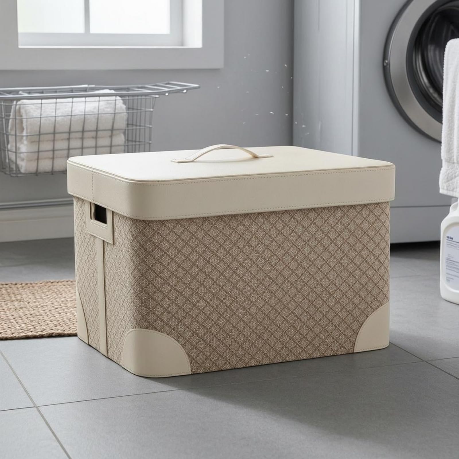 Contenedor de Almacenamiento Caja Organizador Rectangular con Tapa y Asa Cuerpo Tejido con Exterior en Piel Esquinas con Refuerzo Visible Adecuado, Marrón Pequeño