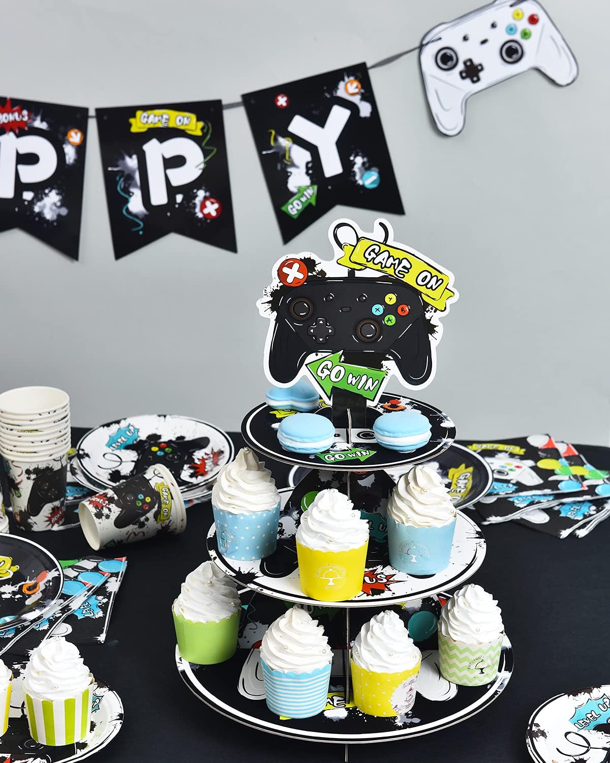 3 etages kartonnen cupcake standaard - videospel feestdecoraties voor kinderen jongens videospel taartstandaard taartstandaard ronde dienblad videospel verjaardag feestaccessoires