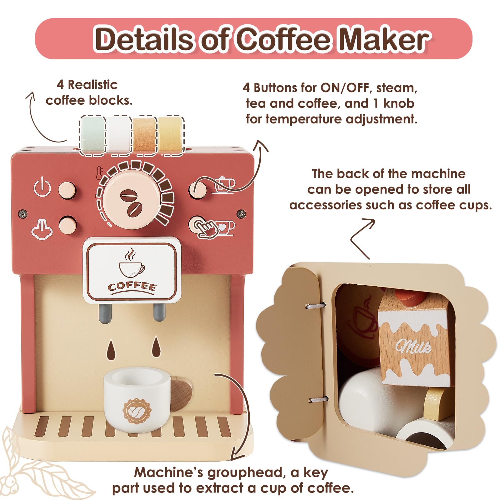 BUYGER Giochi Legno Bambini 5 anni, Macchina da Caffè Accessori Cucina in Legno per Bambini, Giocattolo Educativi Montessori, Regalo per Bambino Bambina 3 + Anni