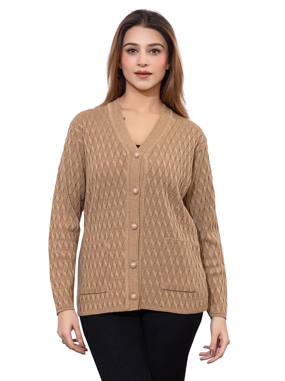 twenty me Self Design Full Sleeves V Neck Acrylic Wool Warm Cardigan for Women with Front Two Pockets-picture-34