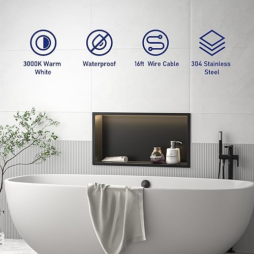 Miniatura 4 de Hornacina de acero inoxidable con iluminación LED, impermeable, no necesita azulejos, repisa empotrada para baño, instalación sobre montaje, 24 x 12