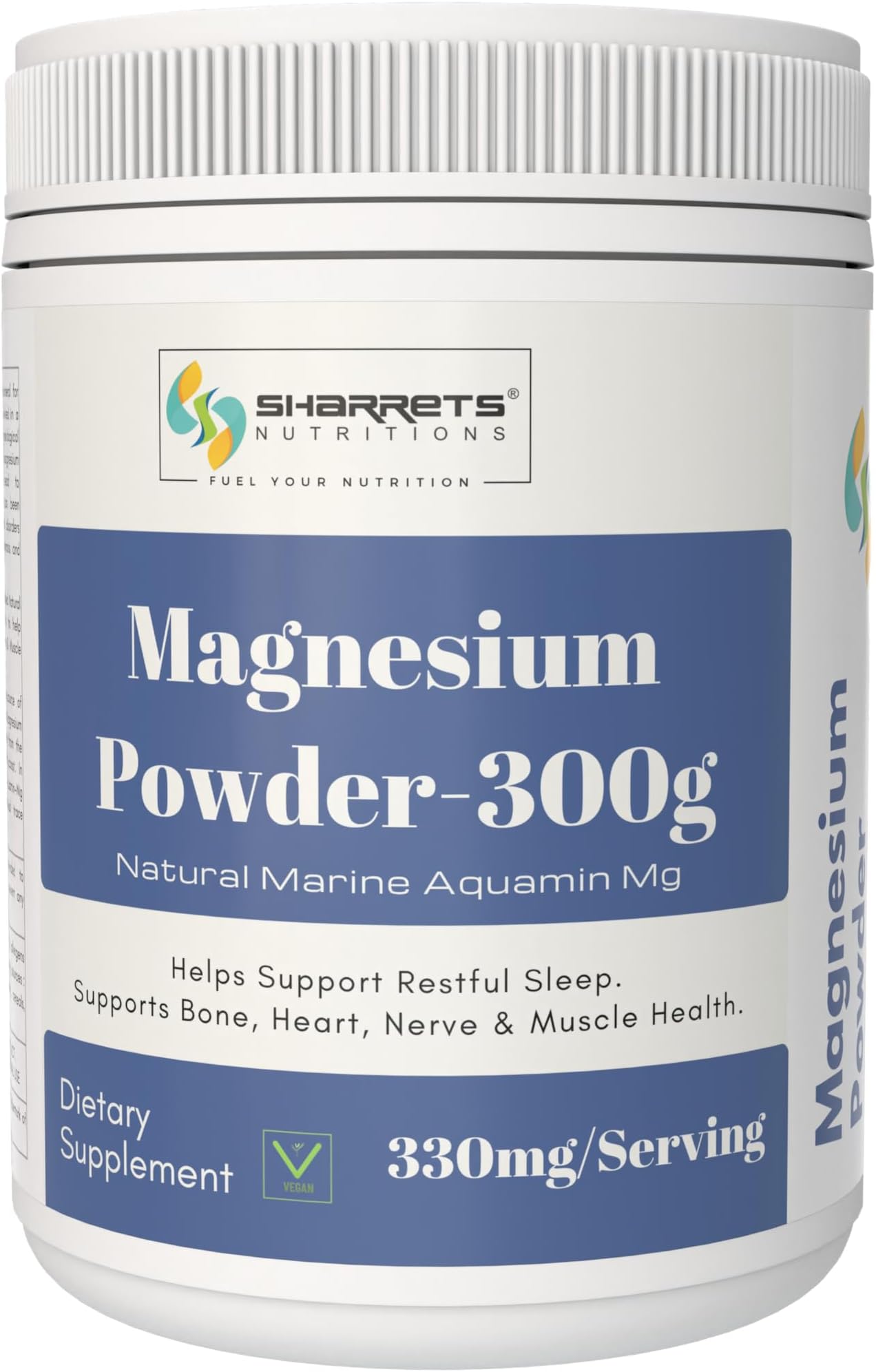 Sharrets Natural Marine Magnesium Powder Supplements 300g for Women Men Bones Sleep Heart Nerve Muscles, Produce in Ireland, Vegan friendly