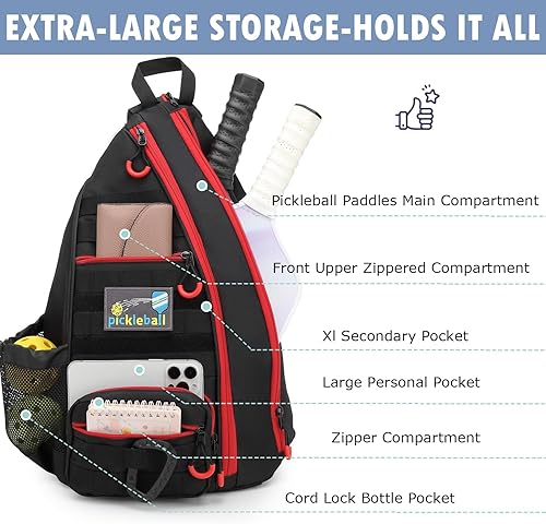 Miniatura 4 de Bolsa de pickleball, mochila táctica de pickleball para mujeres y hombres, bolsa ajustable con gancho para cerca, botella de agua, Negro + rojo