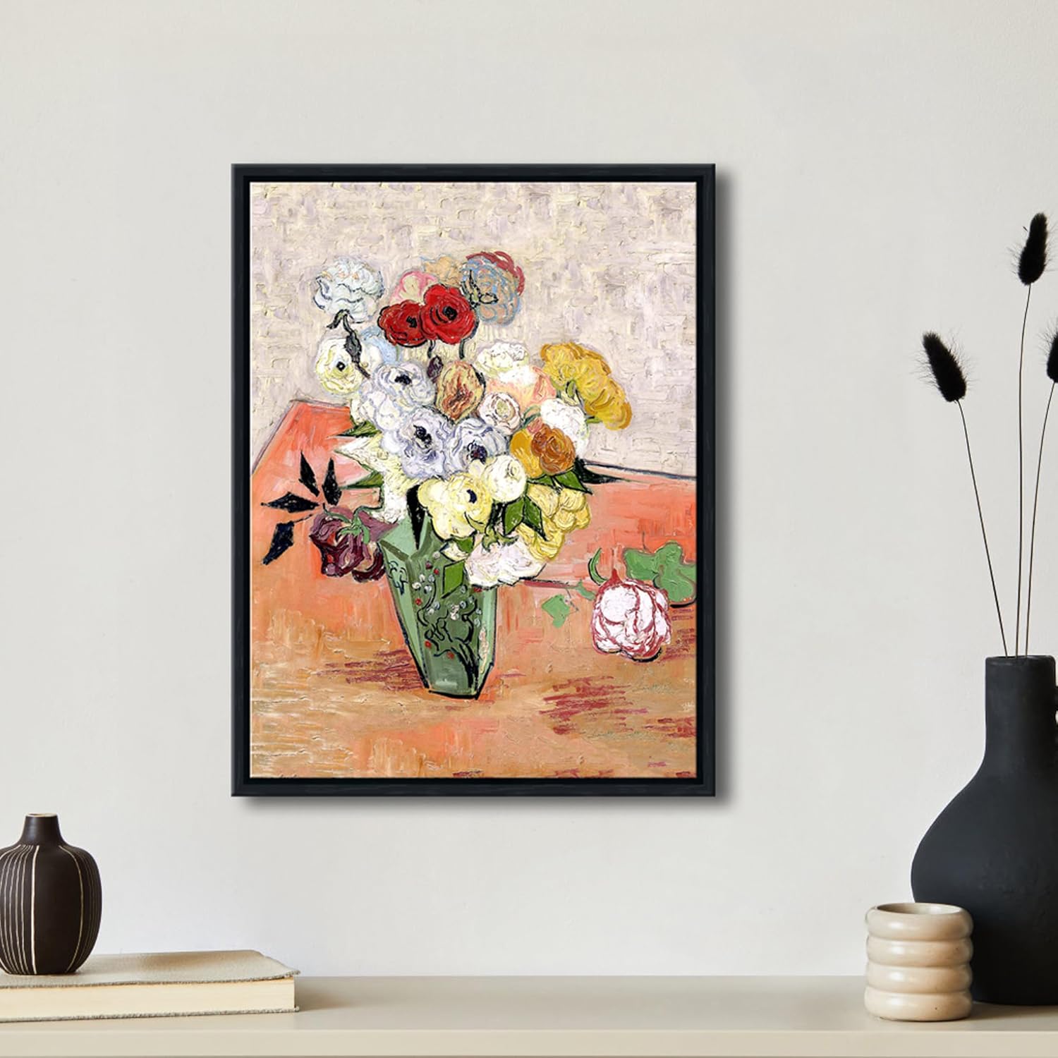 Pyradecor Black Framed Wall Art Abstract Flowers Artwork Japanese Vase with Roses and Anemones by Vincent Van Gogh Oil Paintings Reproduction for Office Bedroom Decorations