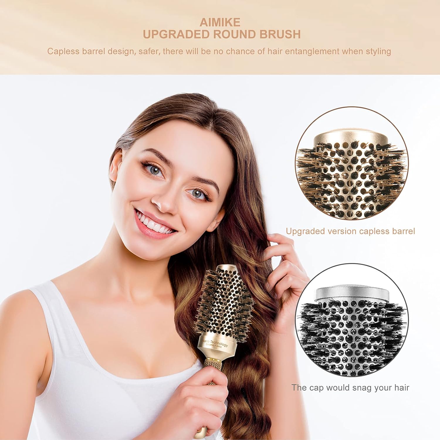 AIMIKE Round Brush for Women, Nano Thermal Ceramic and Ionic Tech Hair Brush, Large Round Brush with Boar Bristles for Blow Drying, Styling, Curling, Increase Hair Shine (Barrel 2 Inch) + 4 Hair Clips