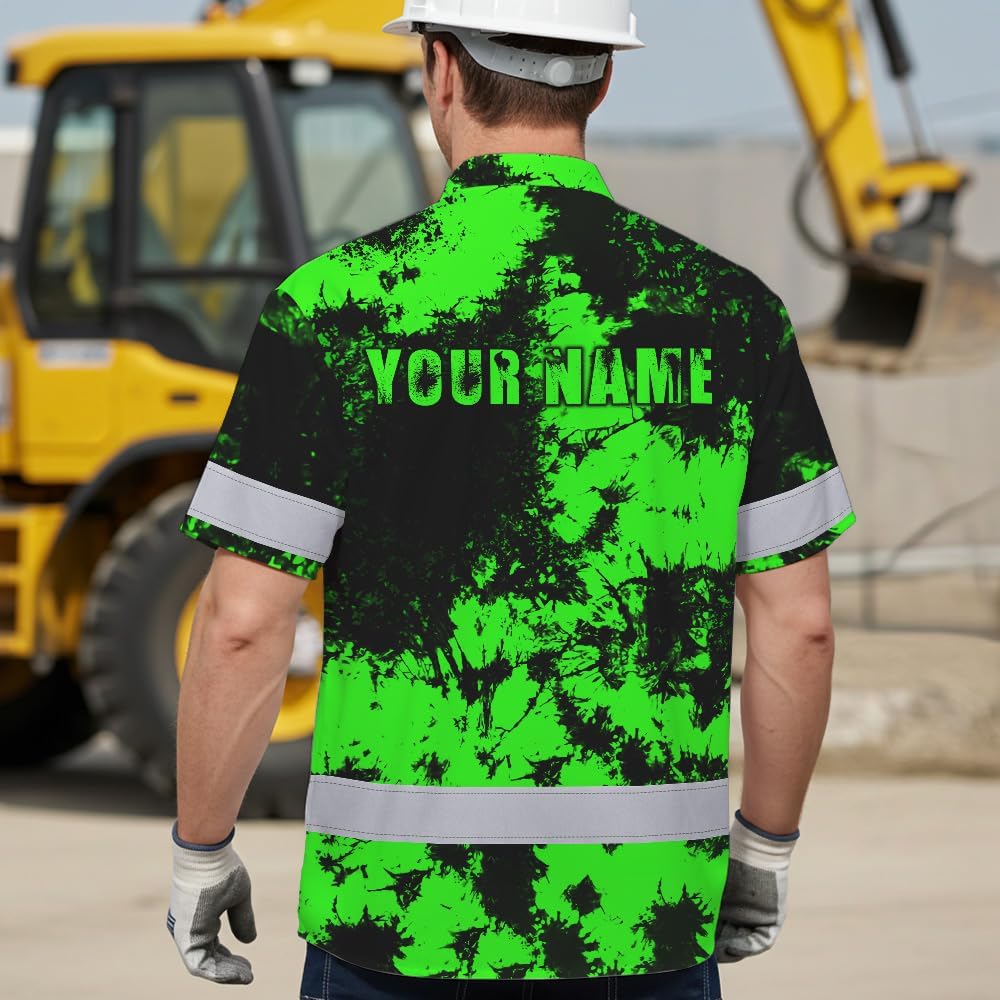 Hi Vis Hawaiian Shirt, American Flag Custom Name Reflective Short Sleeve Button Down Safety Shirt for Workers, Trucker - Image 3