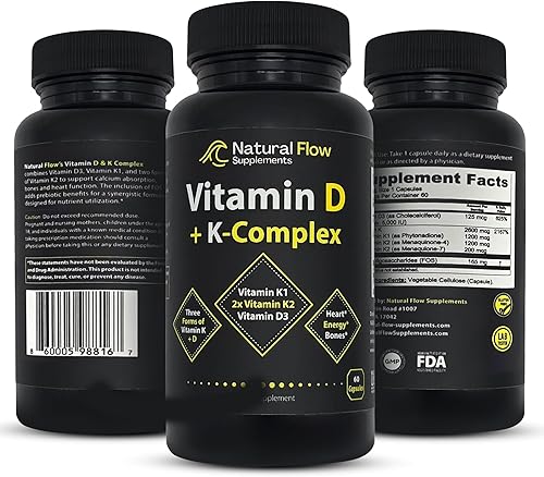 Miniatura 7 de Vitamina D3 con suplemento K2 y K1 – Complejo de vitamina D3 y K de flujo natural, D3 5000iu con vitamina K2 MK4 + MK7 y K1 para apoyo óseo, corazón