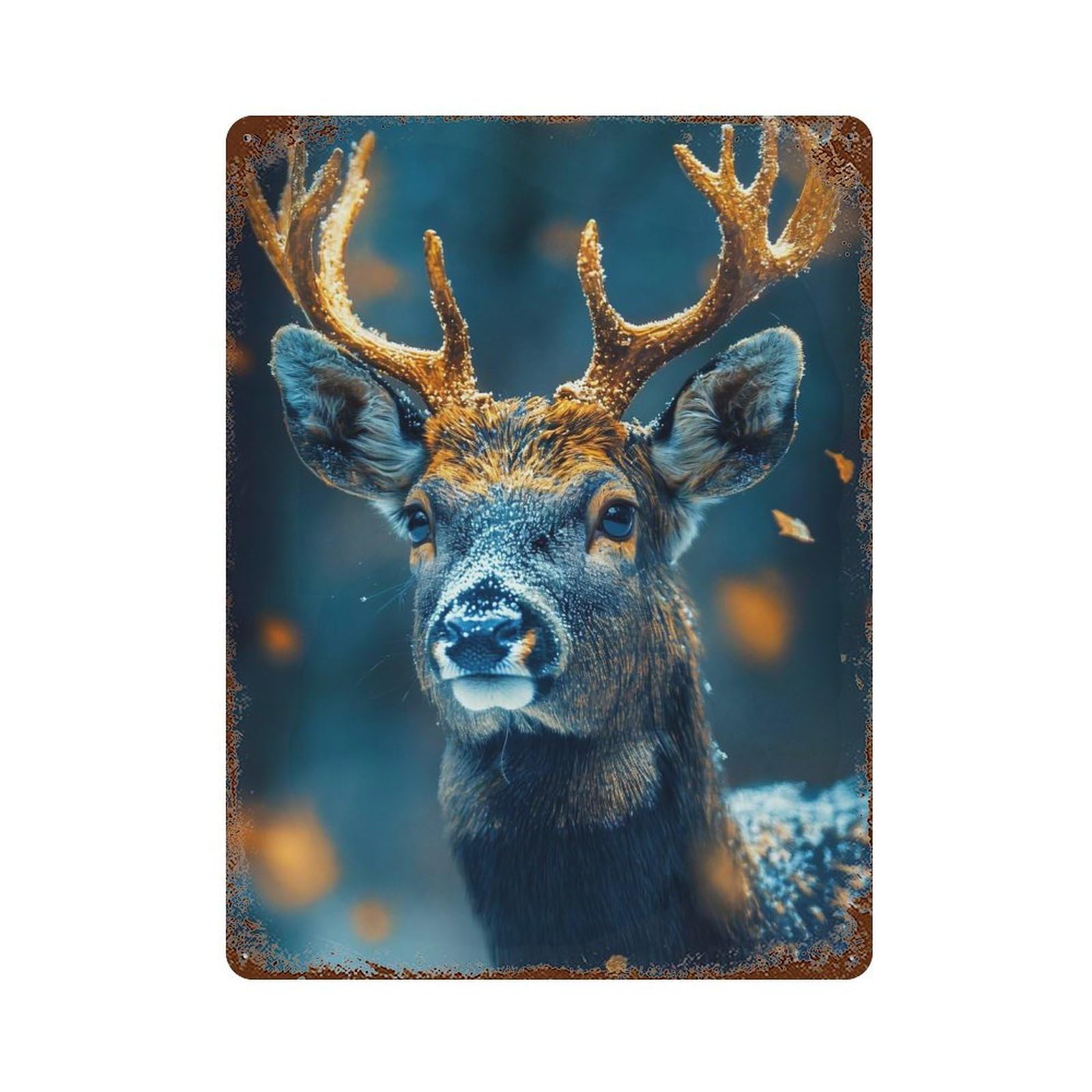 Snowy Deer Portrait Rust Effect Tin Sign 15.7"x11.8", Industrial Home Decor for Basement, Hobby Room And Garage Decor